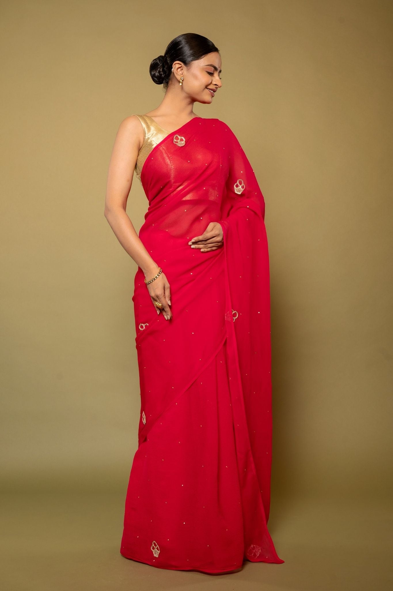 Raspbeery red pure platinum Chiffon real silver butti  handwork saree