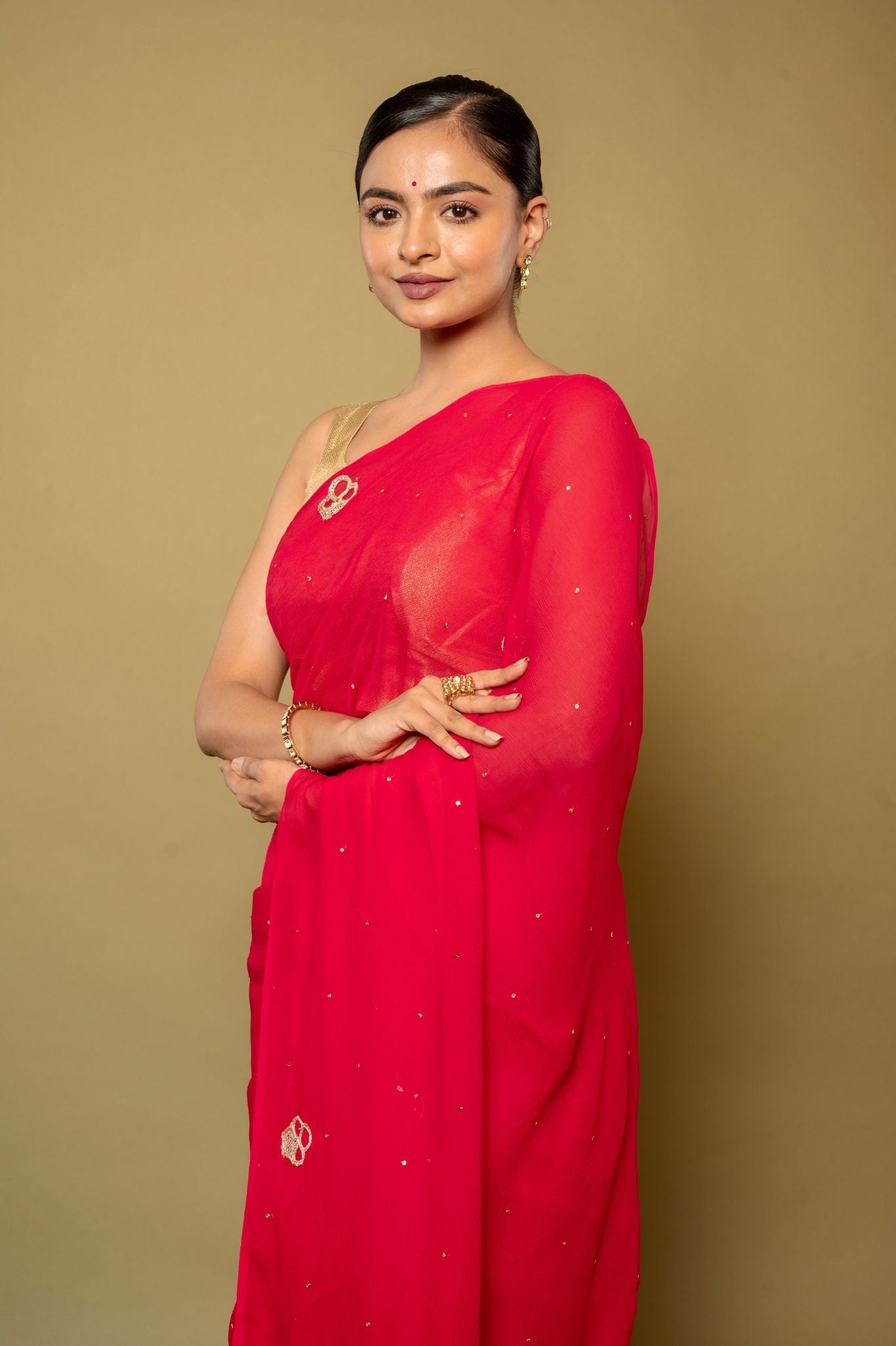 Raspbeery red pure platinum Chiffon real silver butti  handwork saree