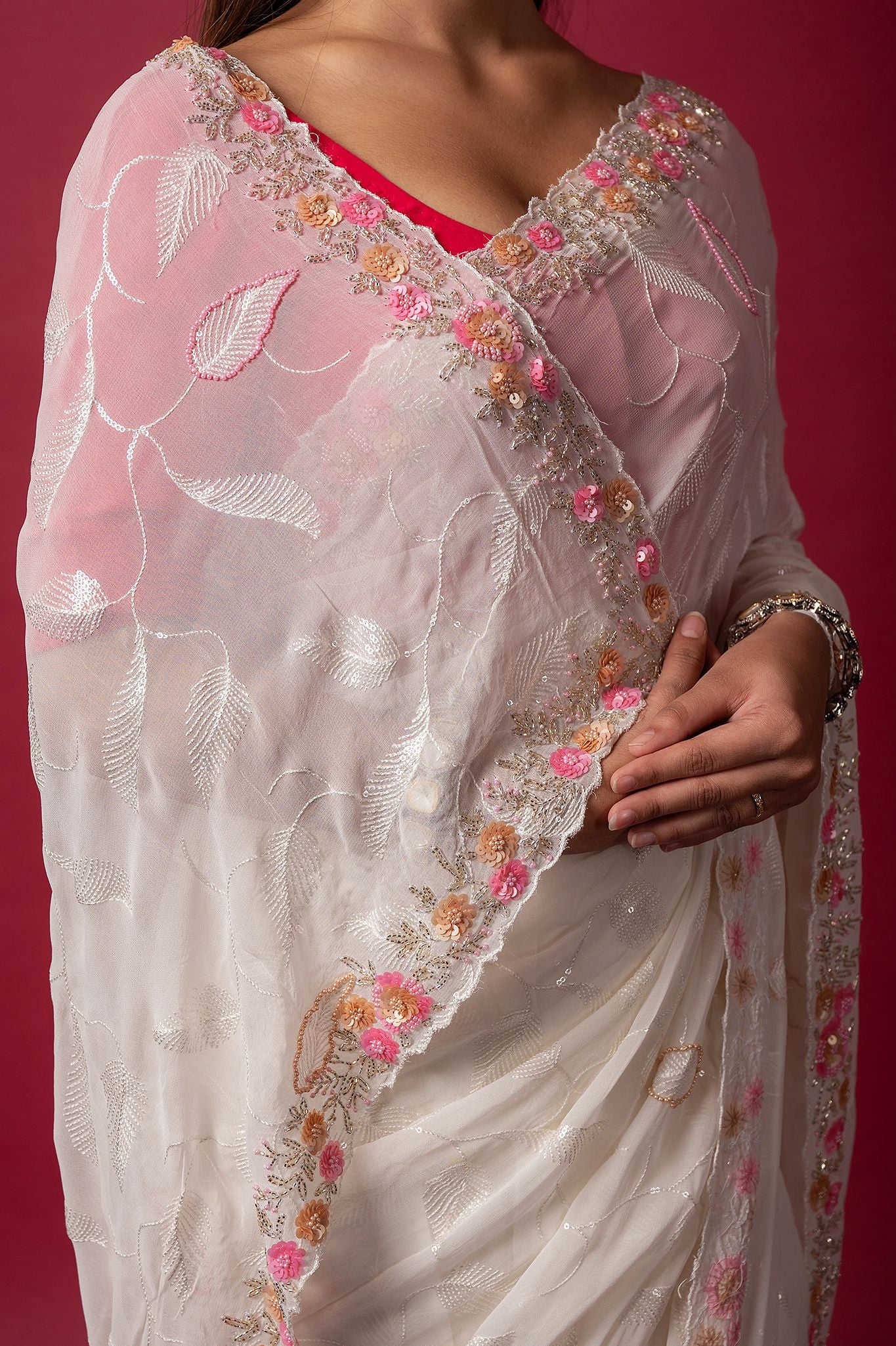 white organza  sequins kardana handwork saree