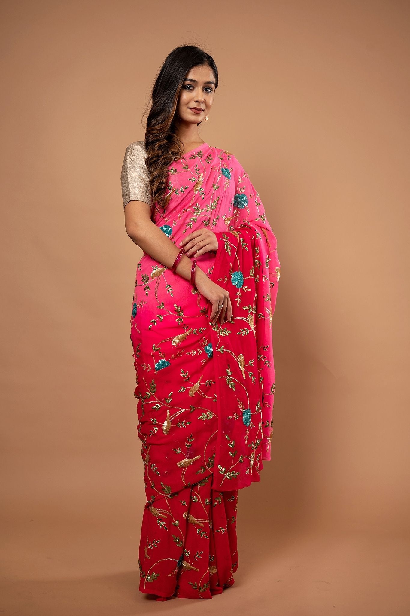 Gajri Pink light dark pure chiffon aari sequins  jaal handwork saree