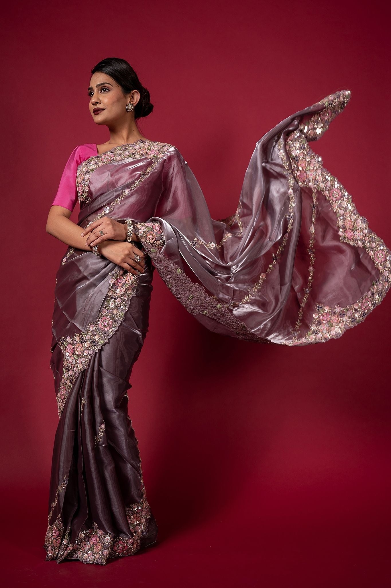 Purple Tissue organza pearl  sequins kardana resham handwork saree