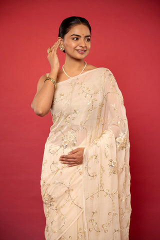 Ivory Pure Chiffon Saree