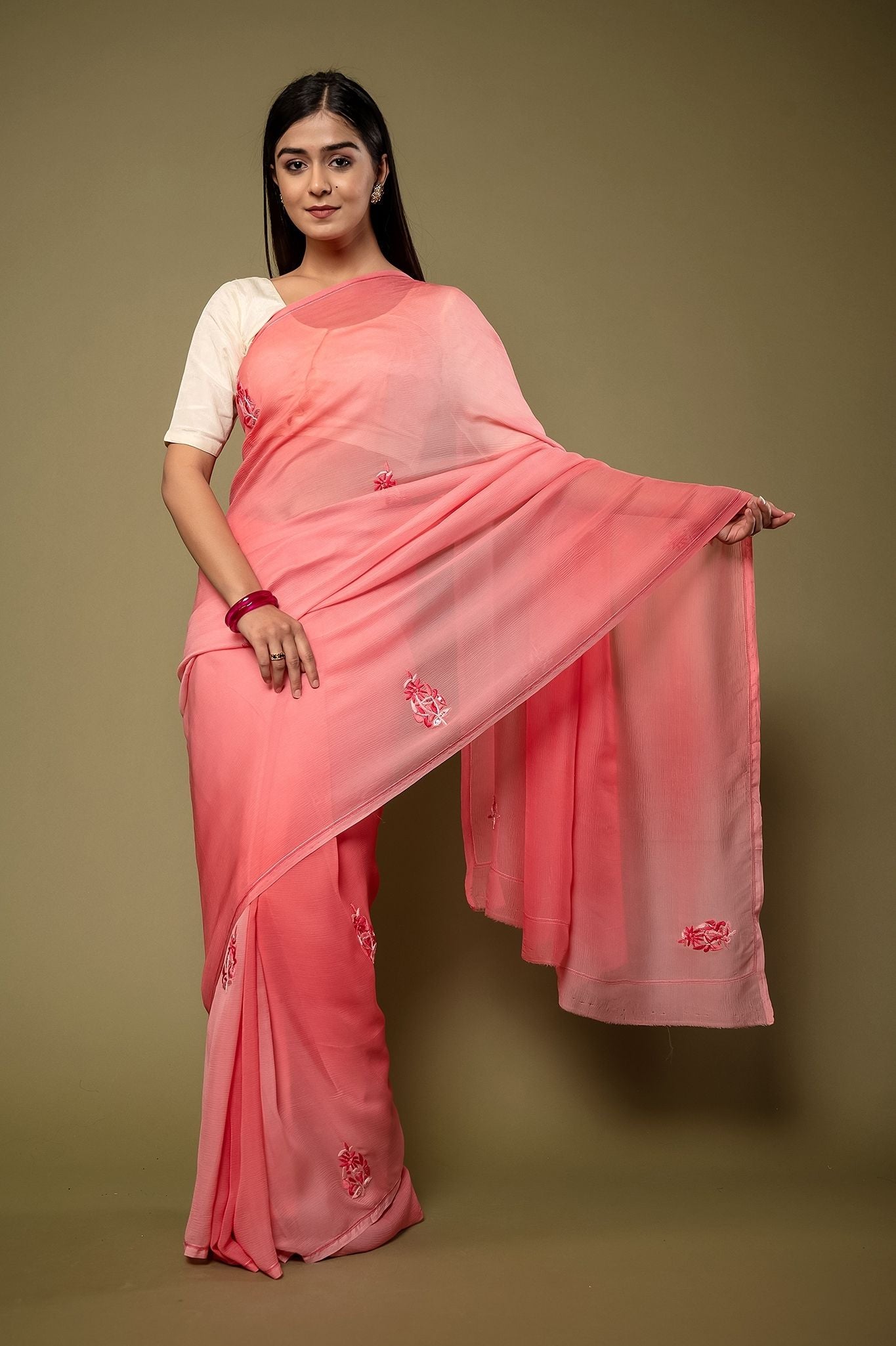 Peach Pink Pure Chiffon Resham Motif handwork saree