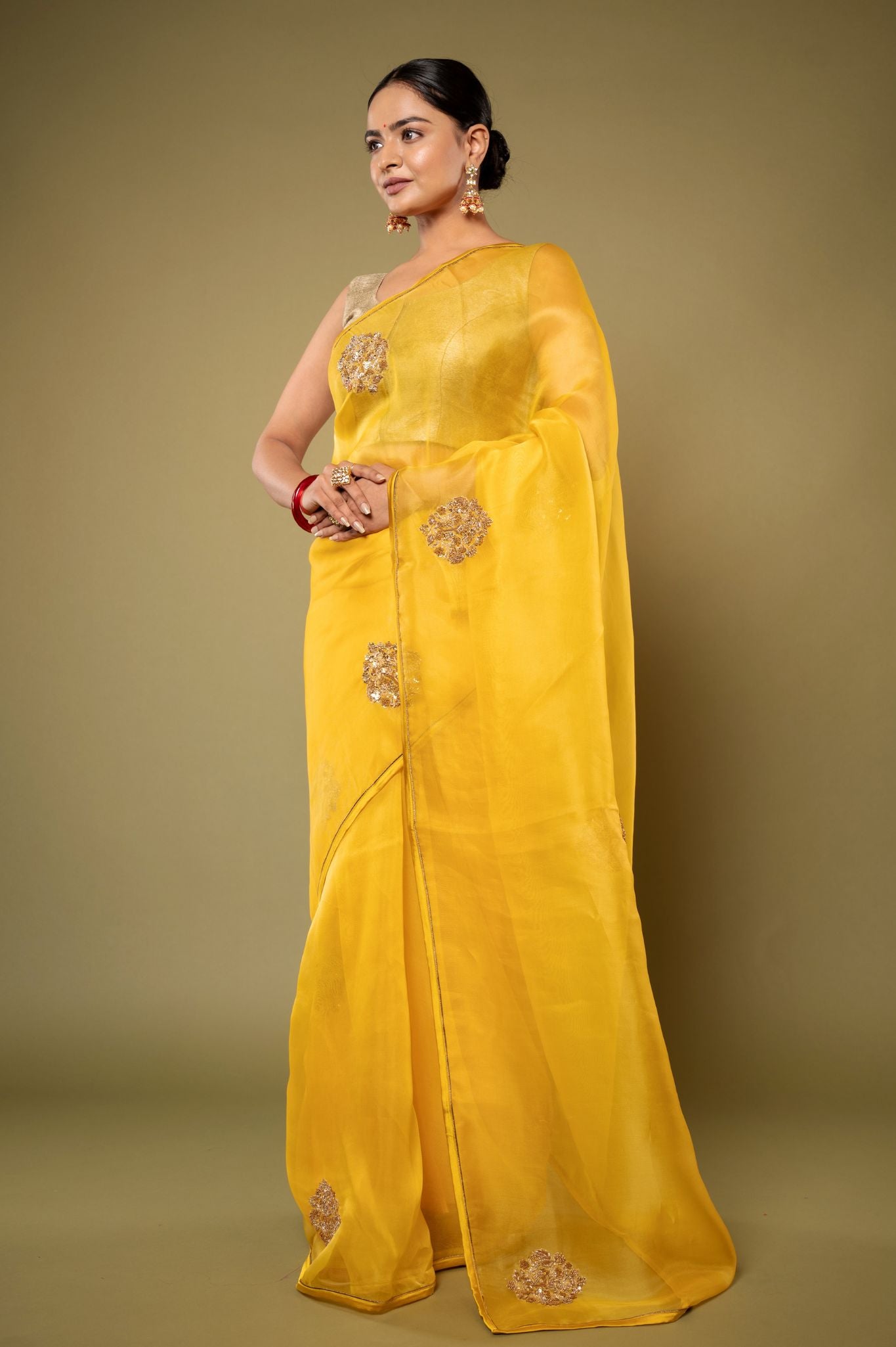 yellow Organza  Zardozi Motif handwork saree