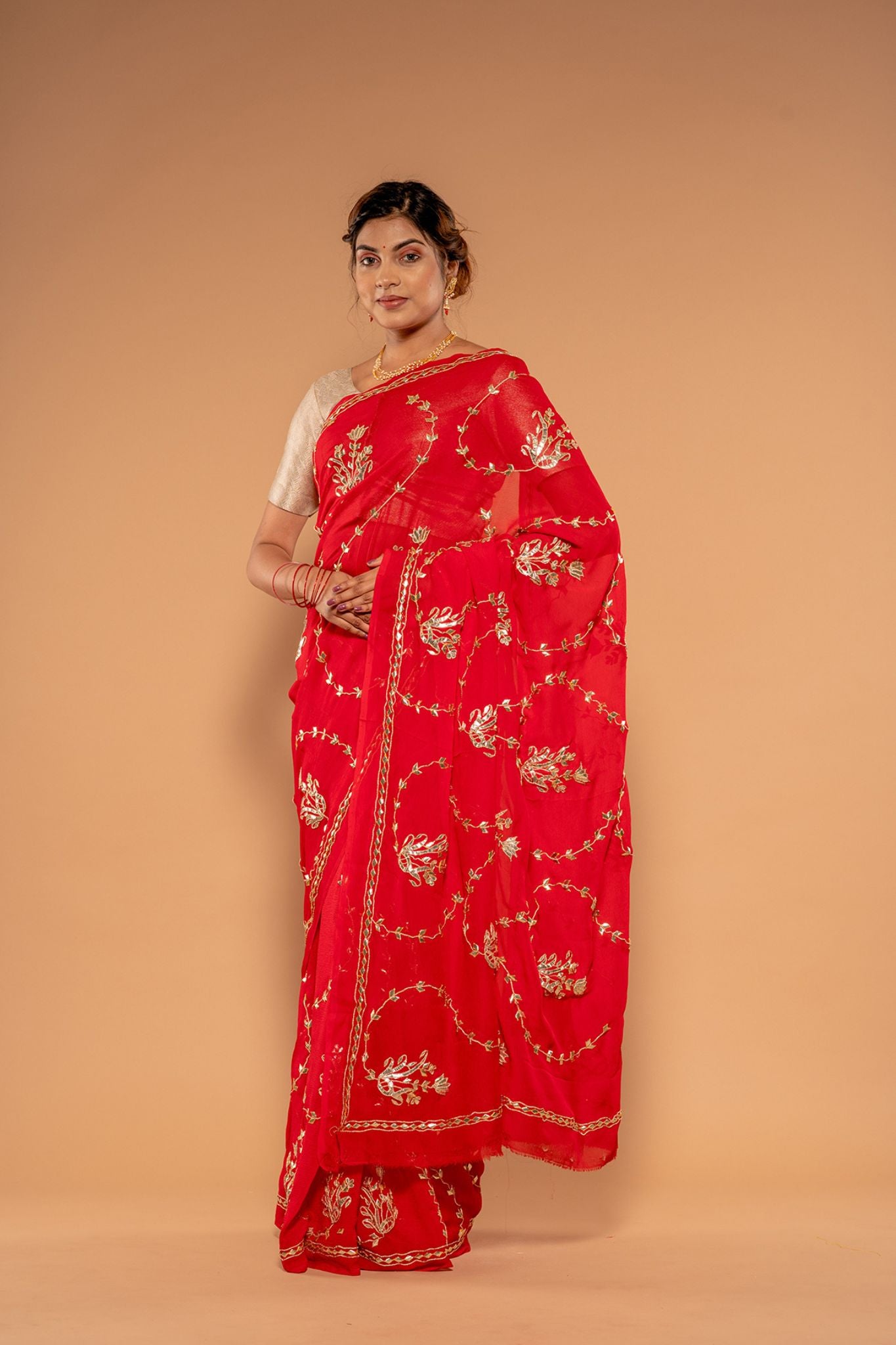 Tamatri Red Viscose Chiffon Tori Gota Patti Handwork  Saree
