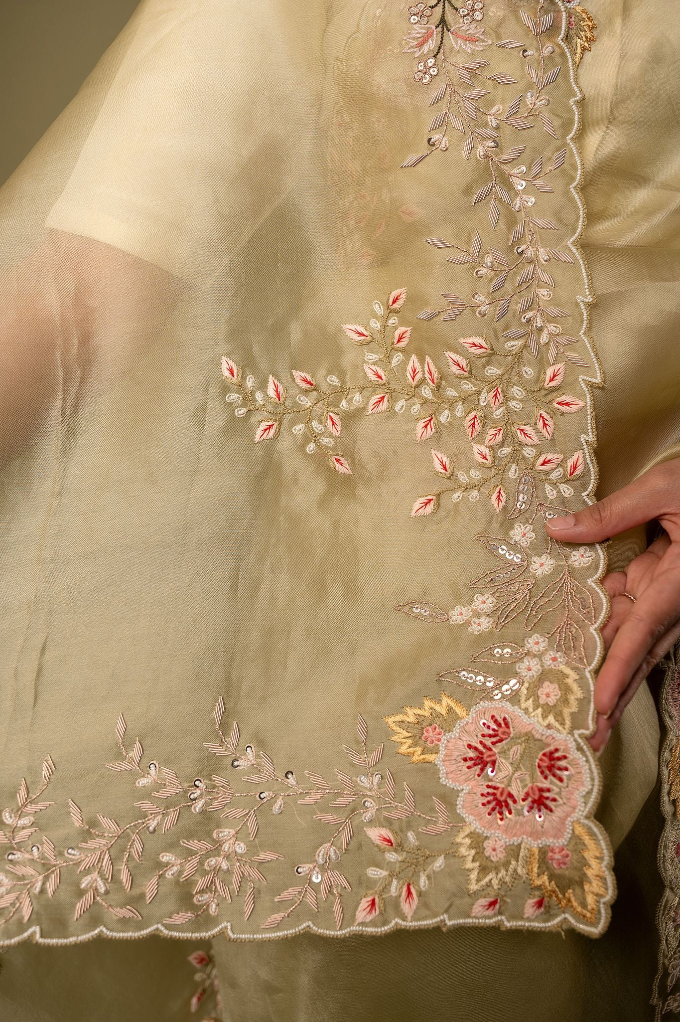 Olive green organza  Resham French Knot Dabka border butti handwork saree