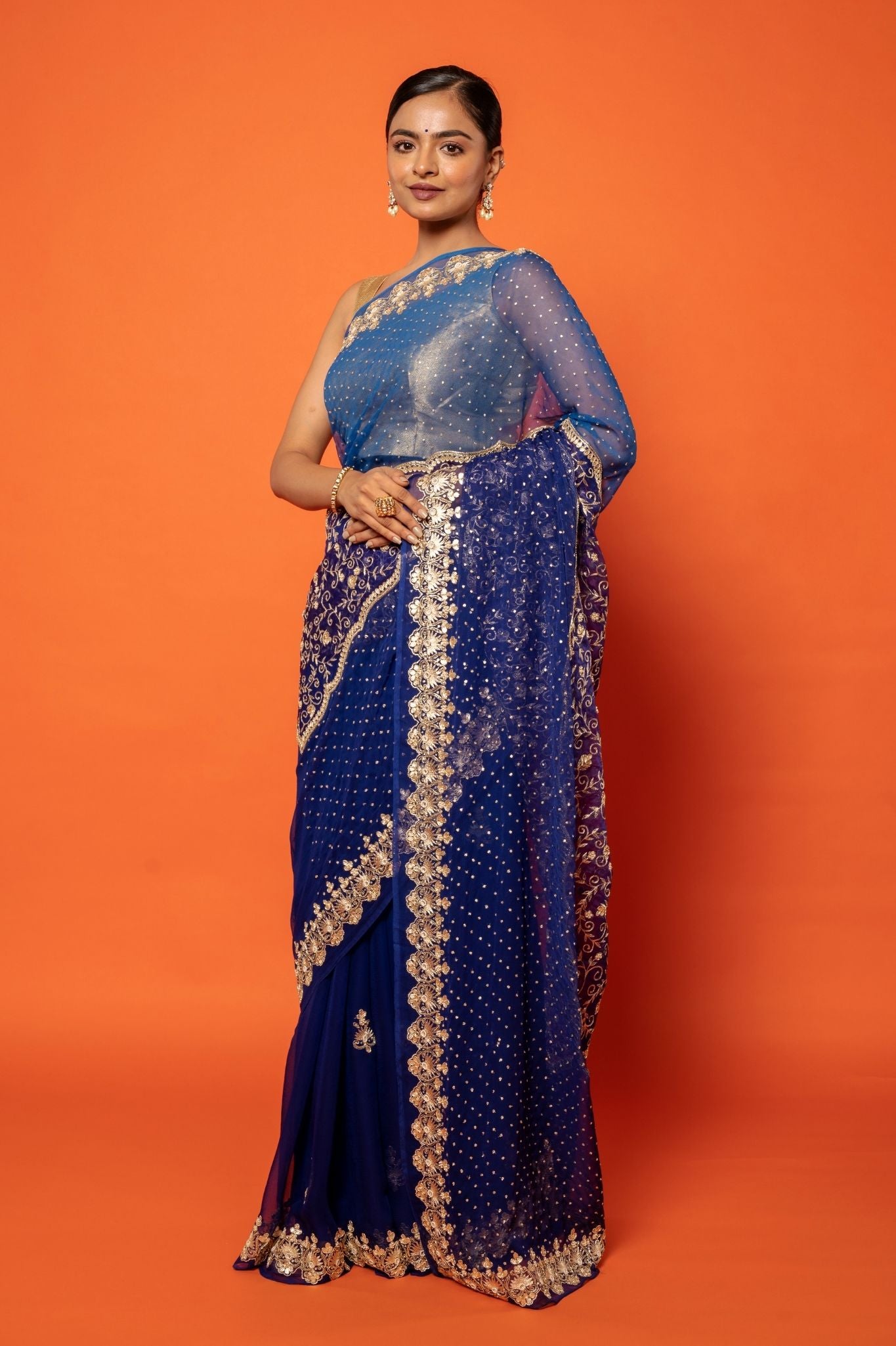 Royal Blue Viscose Chiffon Aari sequins  pearl handwork party wear saree