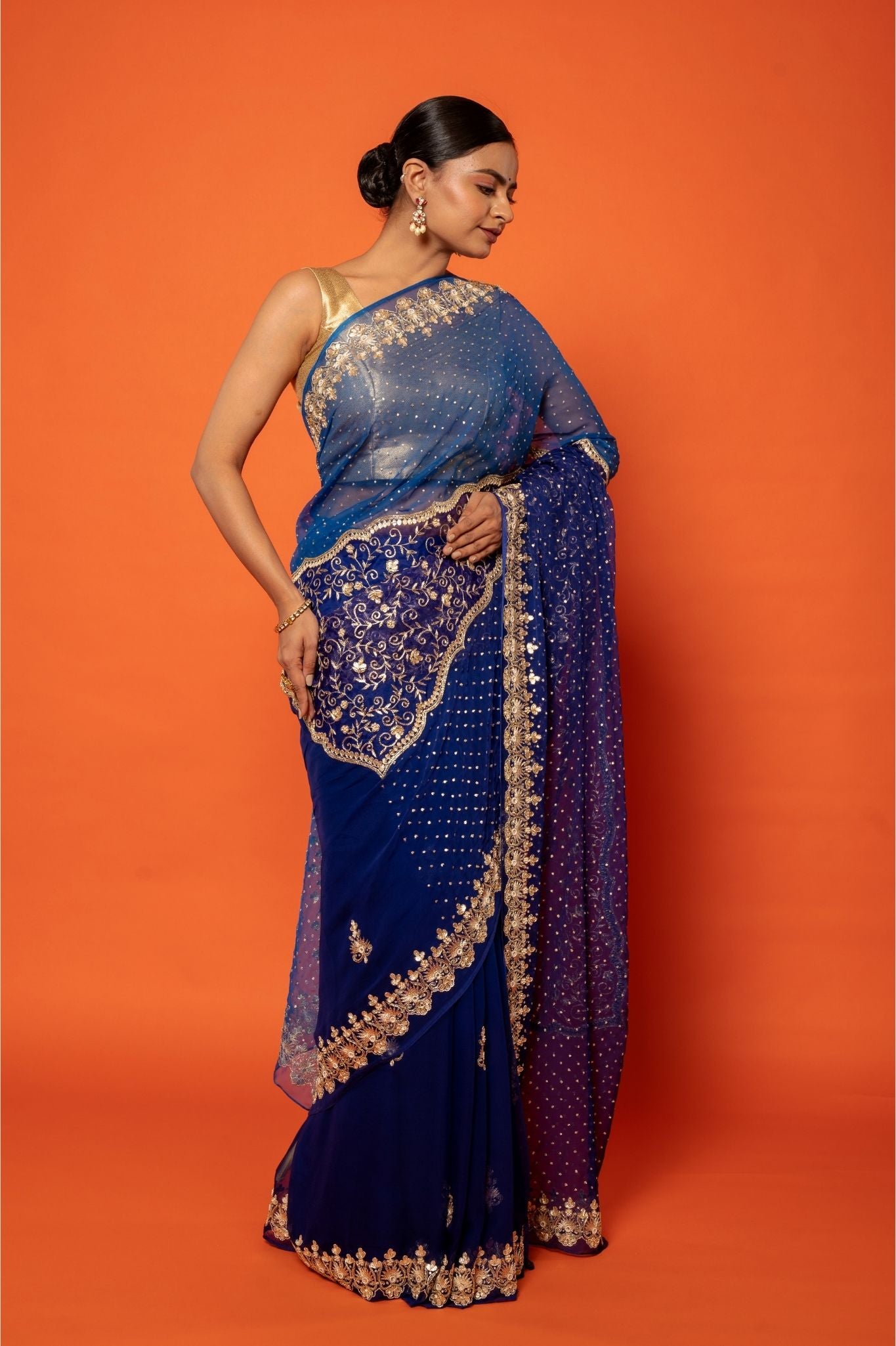 Royal Blue Viscose Chiffon Aari sequins  pearl handwork party wear saree