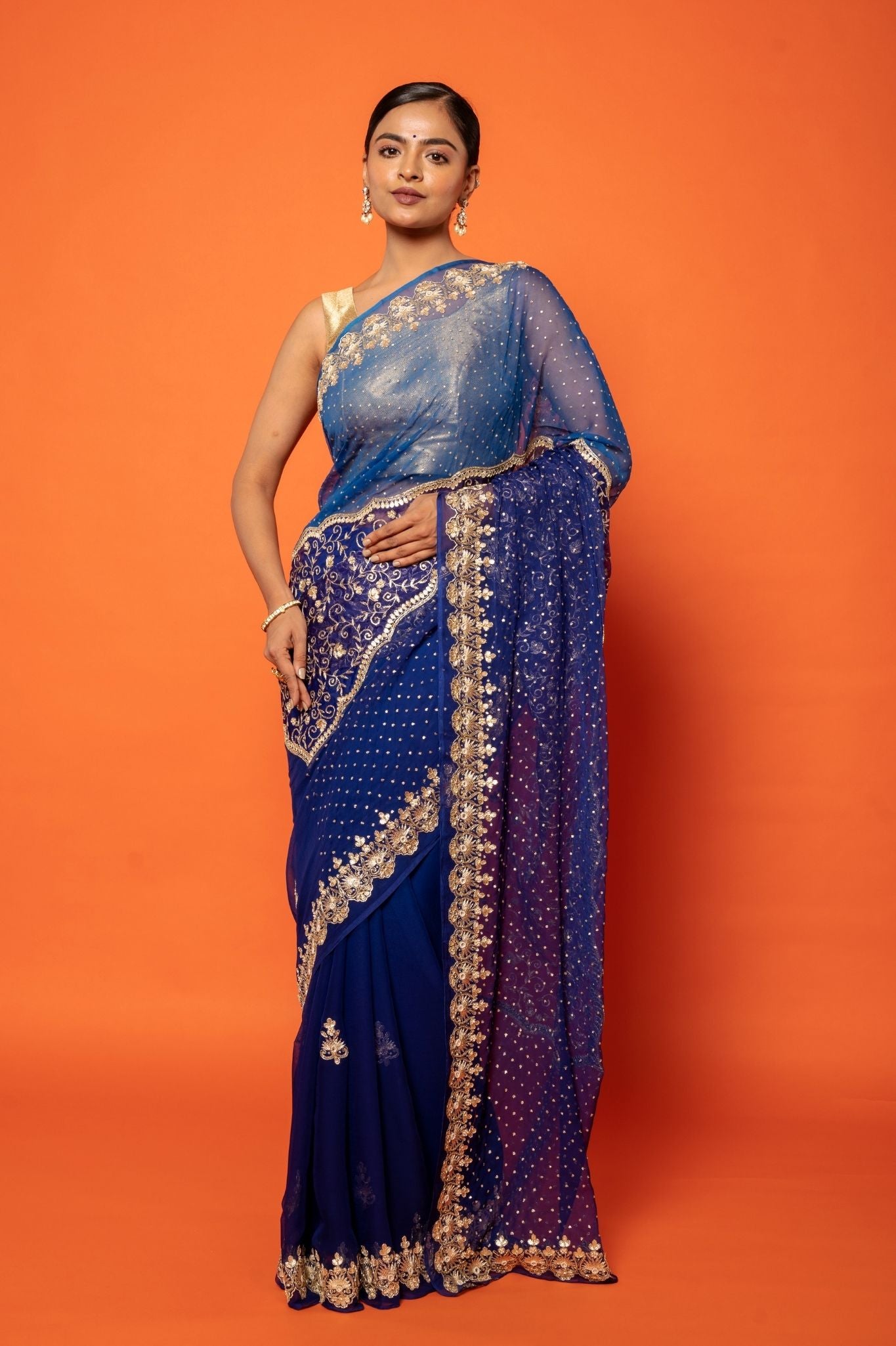 Royal Blue Viscose Chiffon Aari sequins  pearl handwork party wear saree