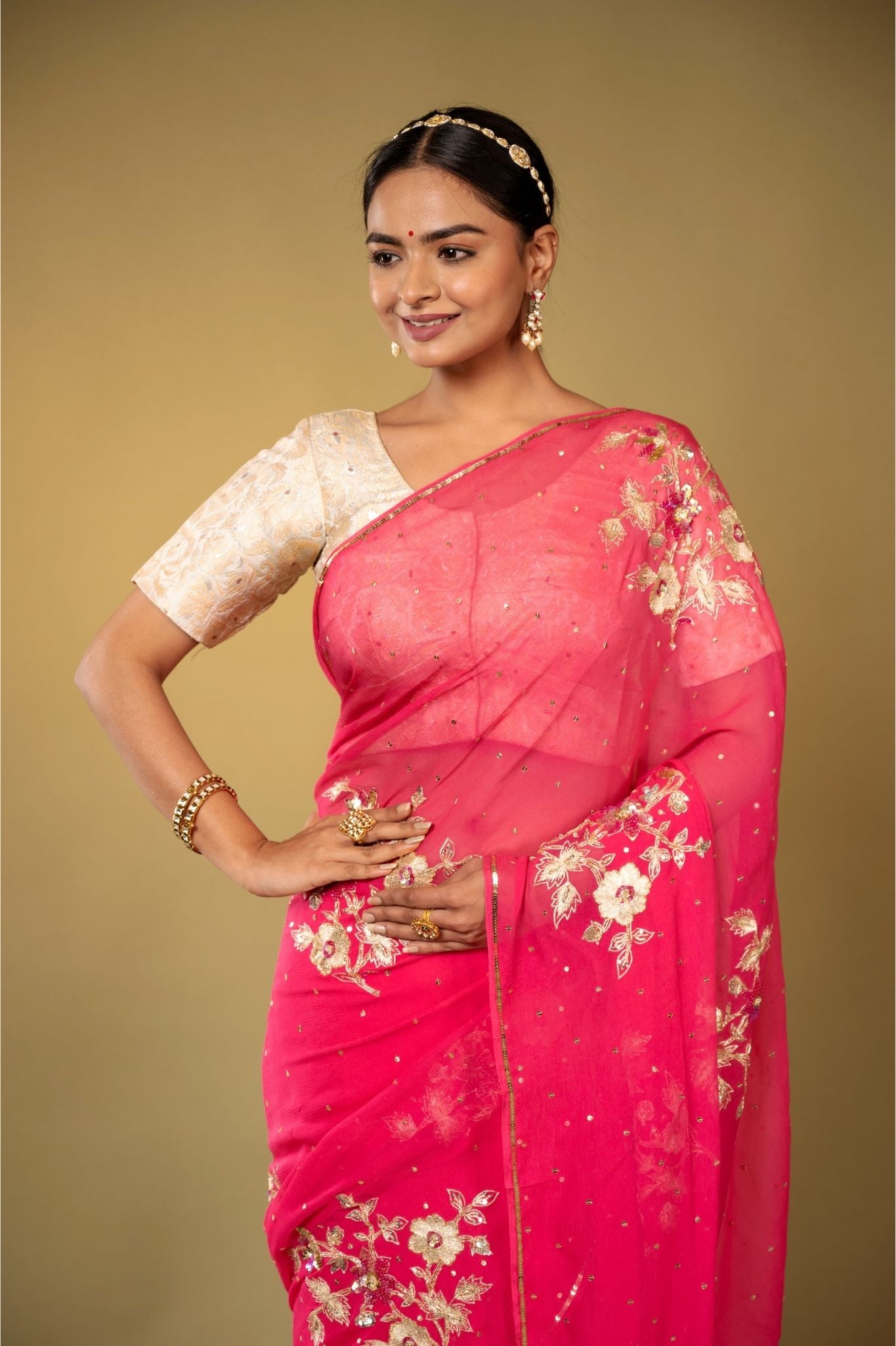 Gajri pure platinum Chiffon aari sequins  butti handwork saree