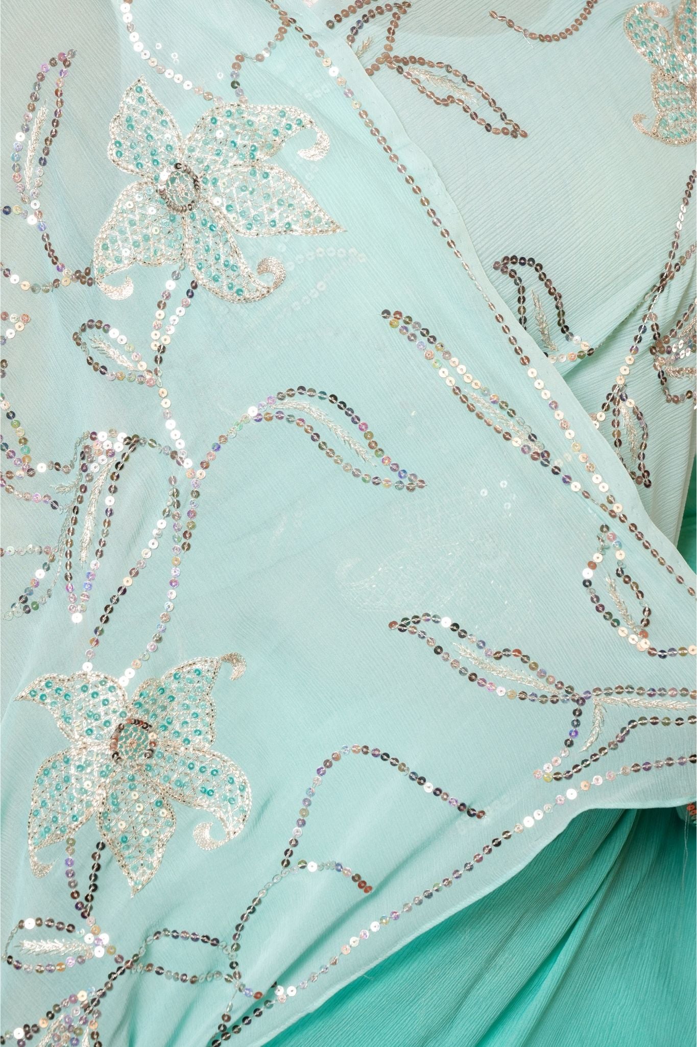 Aqua Blue light dark Pure Platinum Chiffon aari sequins  jaal handwork saree
