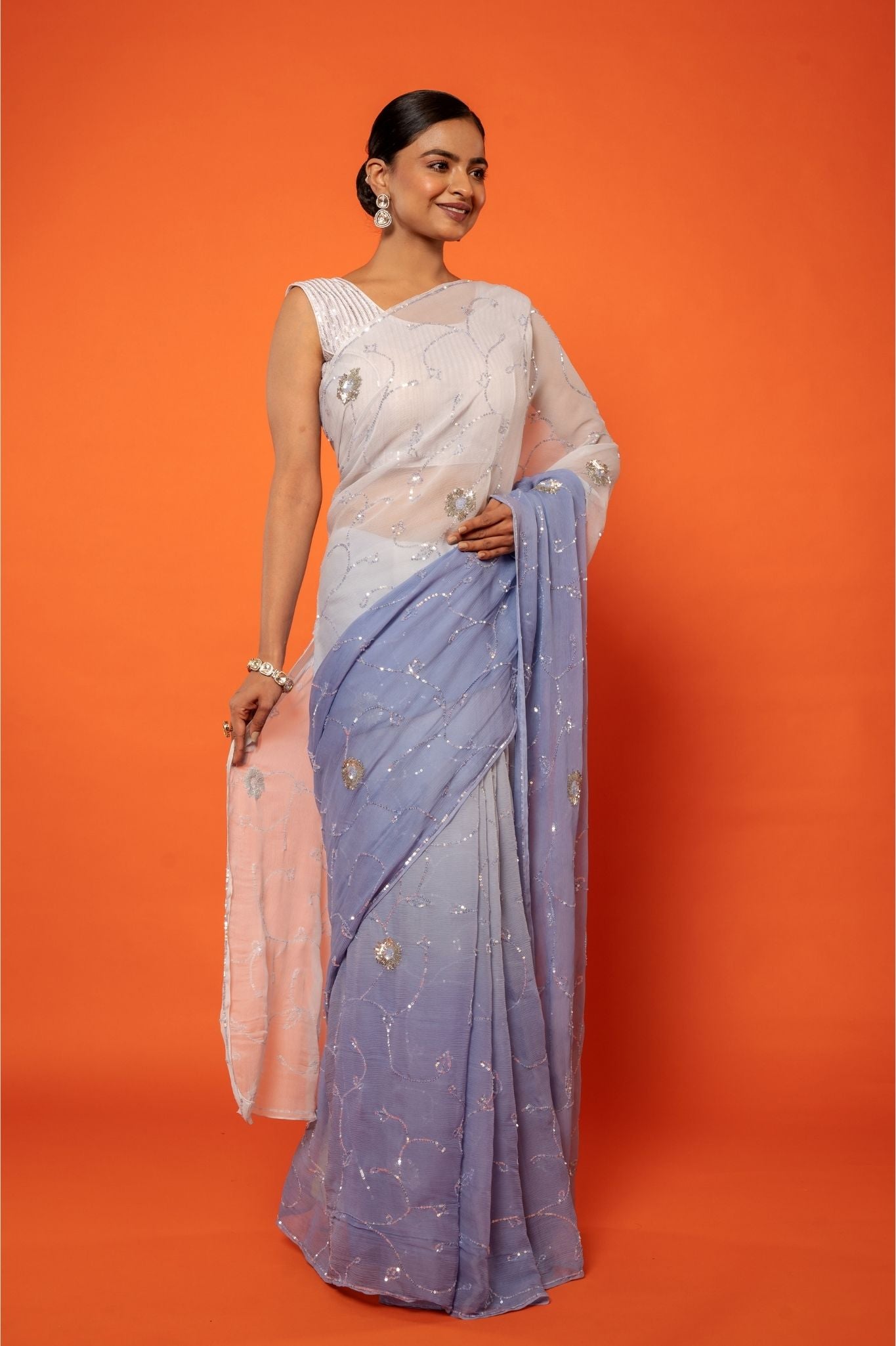 Sky Blue light dark Pure Platinum Chiffon sequins  jaal  handwork saree