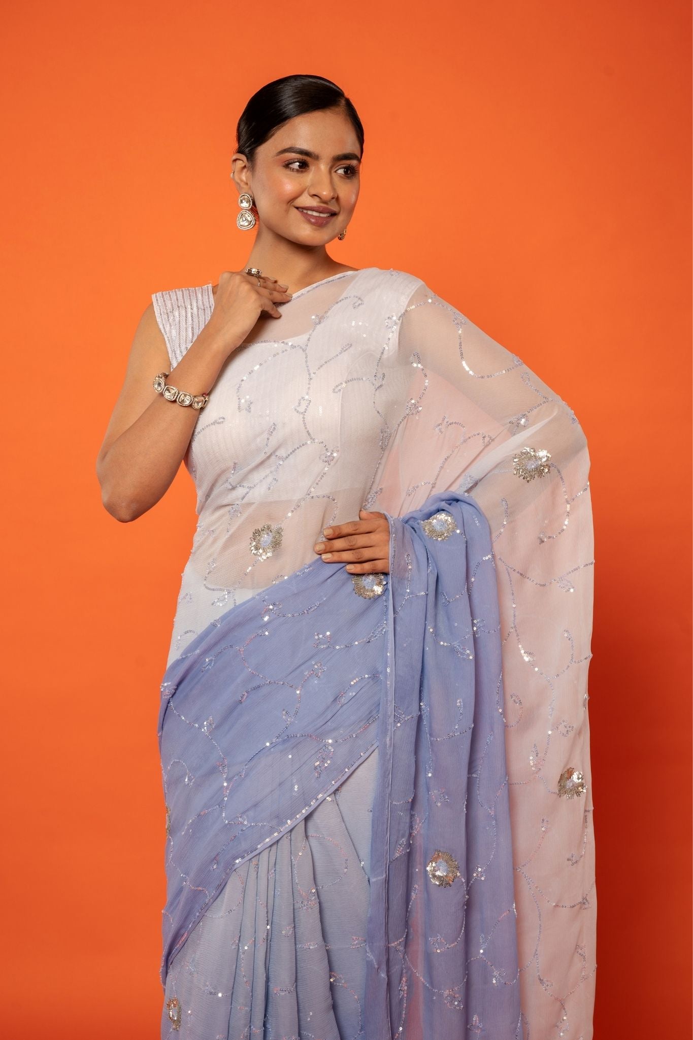 Sky Blue light dark Pure Platinum Chiffon sequins  jaal  handwork saree