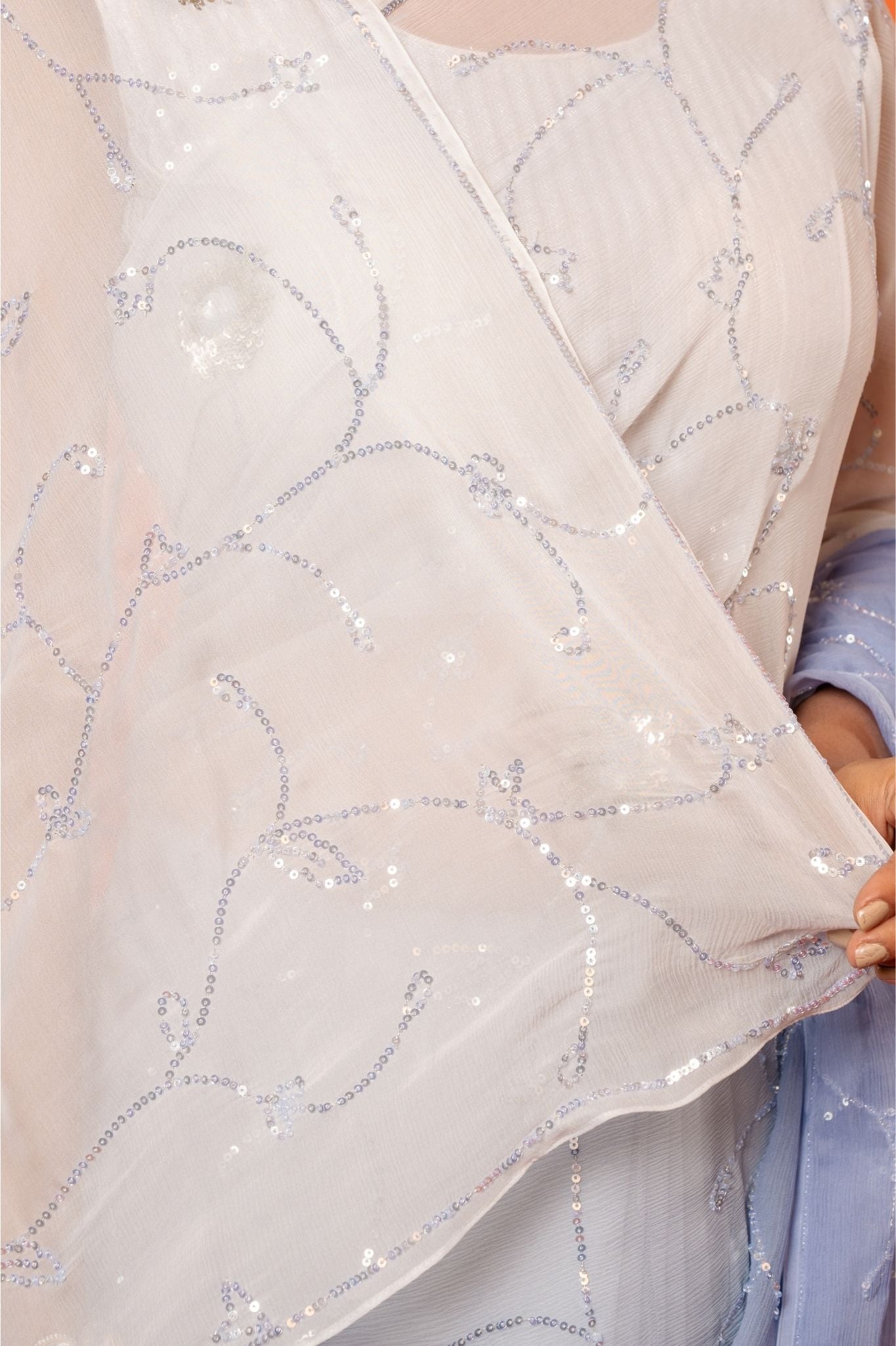 Sky Blue light dark Pure Platinum Chiffon sequins  jaal  handwork saree