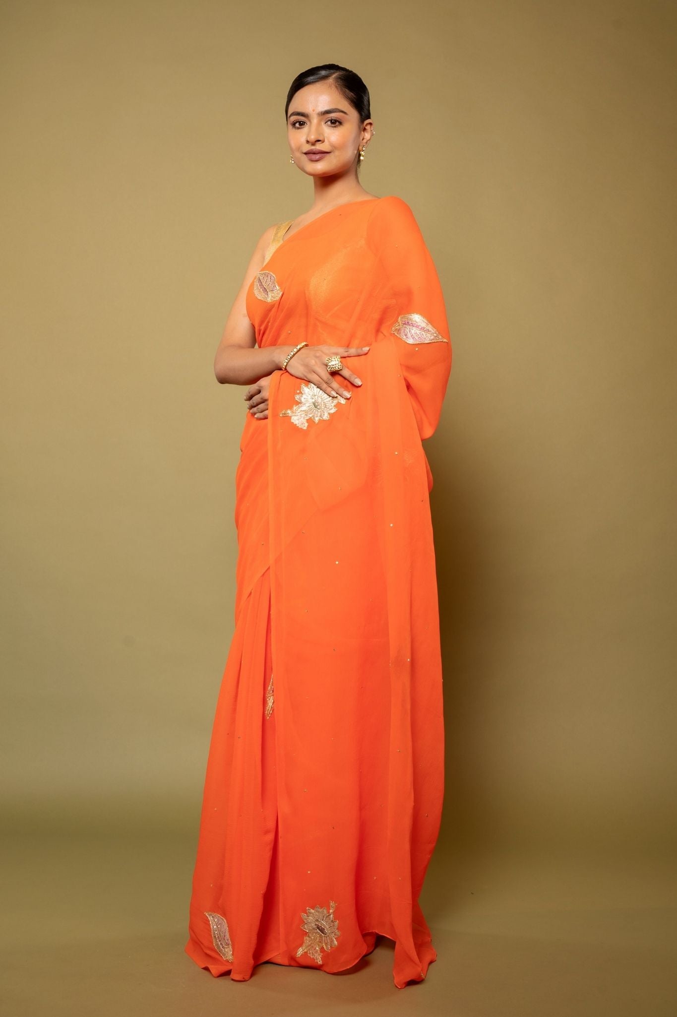 Orange Pure Platinum Chiffon Real Silver Chanderi  handwork saree