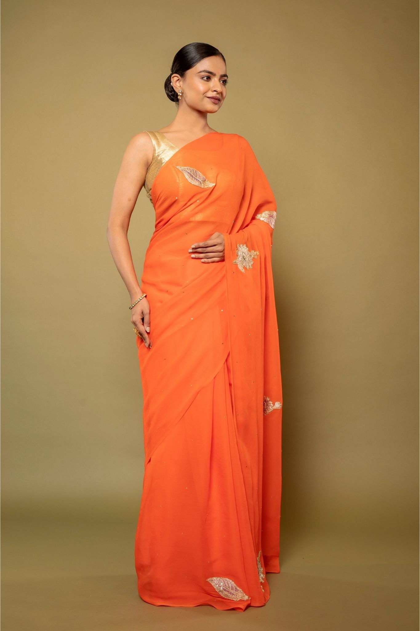 Orange Pure Platinum Chiffon Real Silver Chanderi  handwork saree