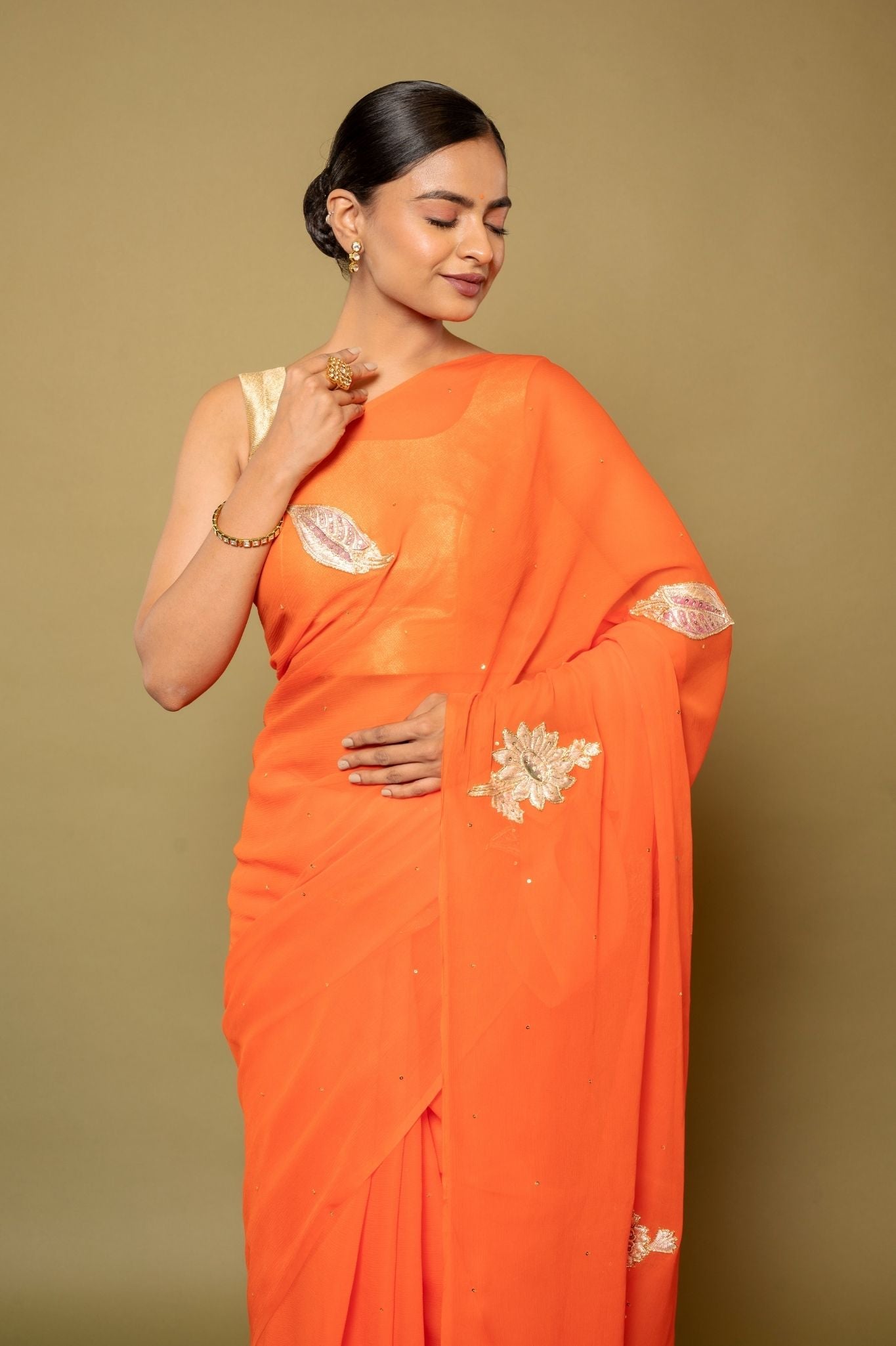 Orange Pure Platinum Chiffon Real Silver Chanderi  handwork saree