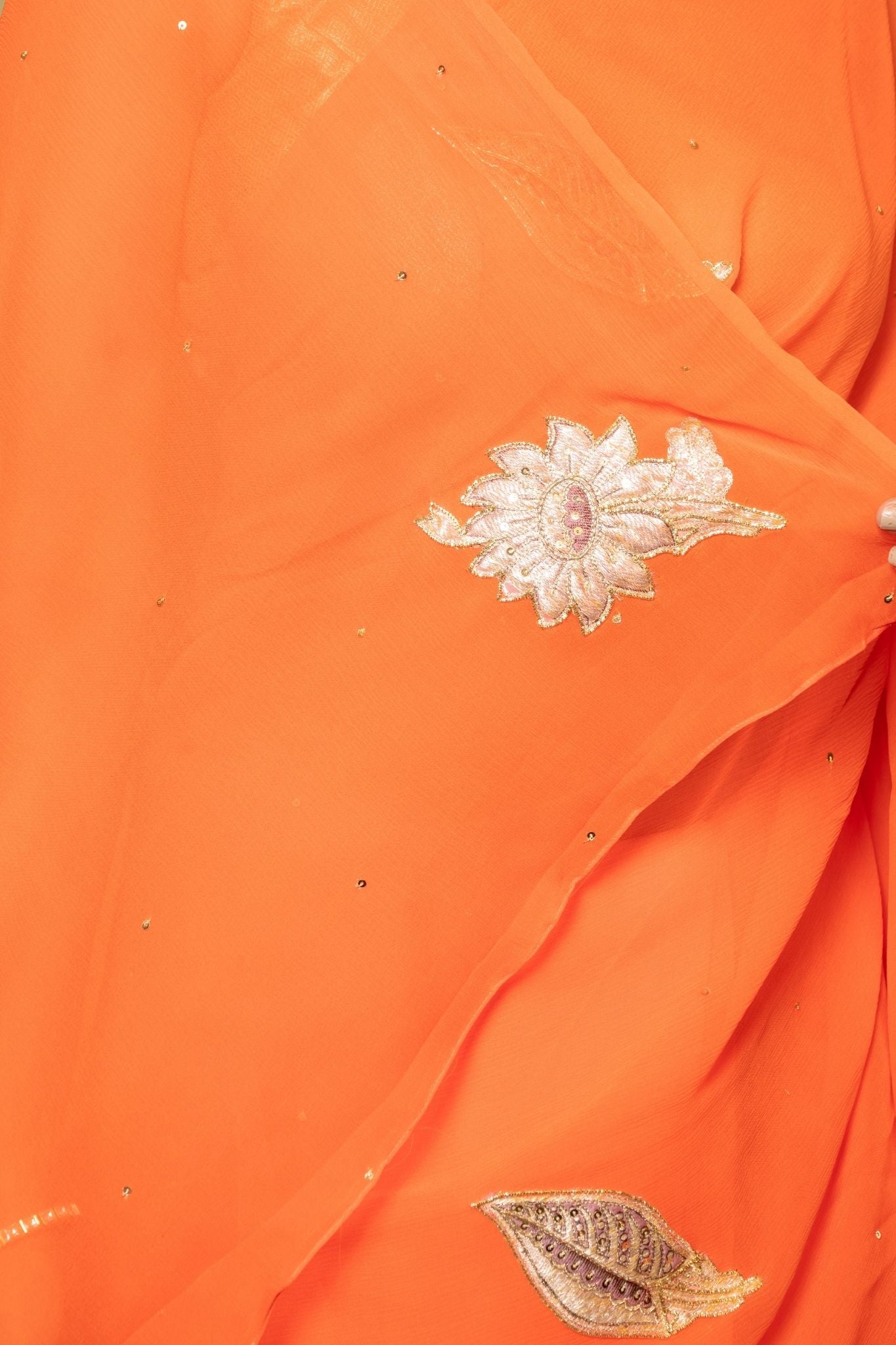 Orange Pure Platinum Chiffon Real Silver Chanderi  handwork saree