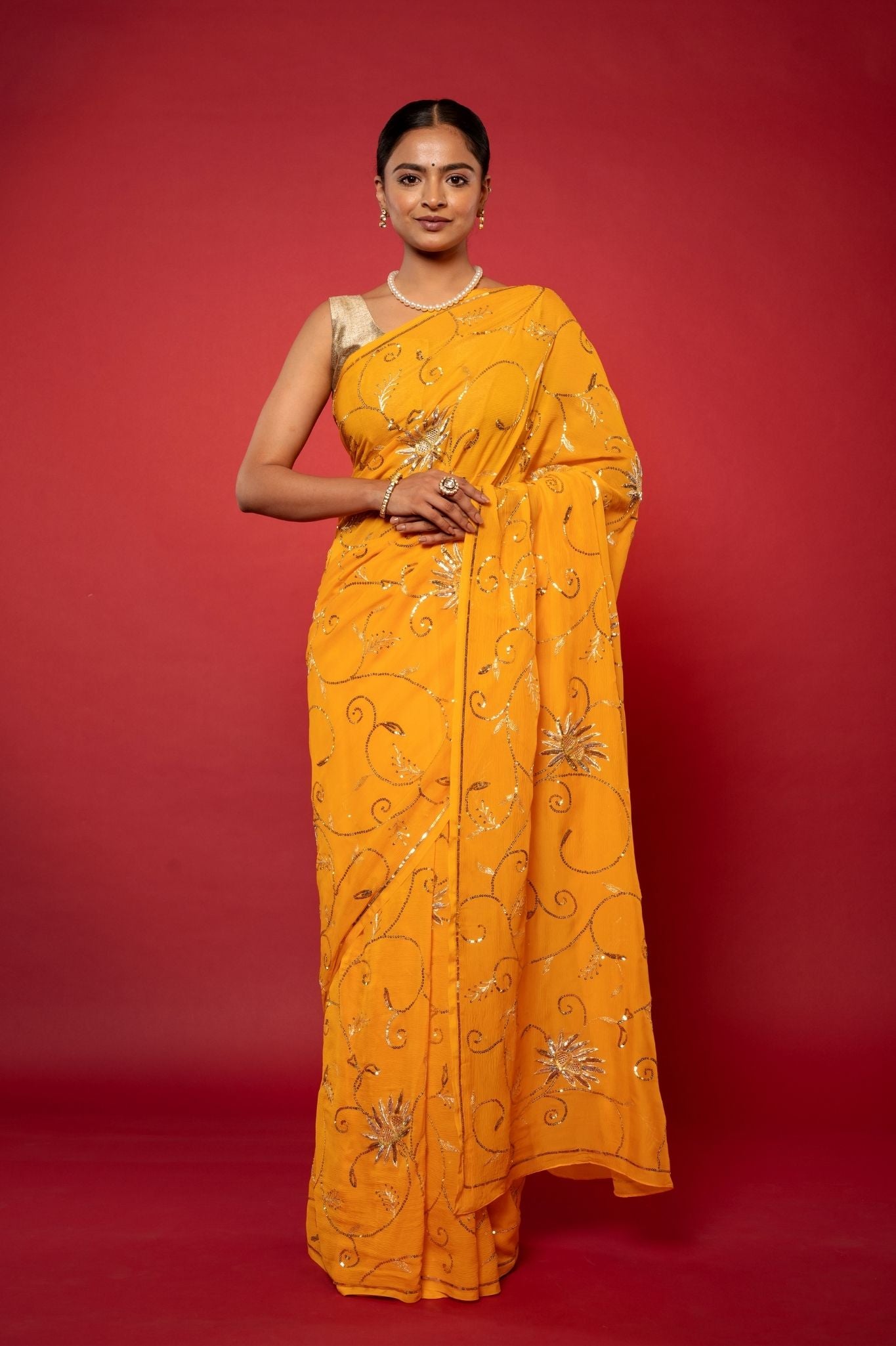 yellow pure chiffon aari sequins  jaal handwork saree