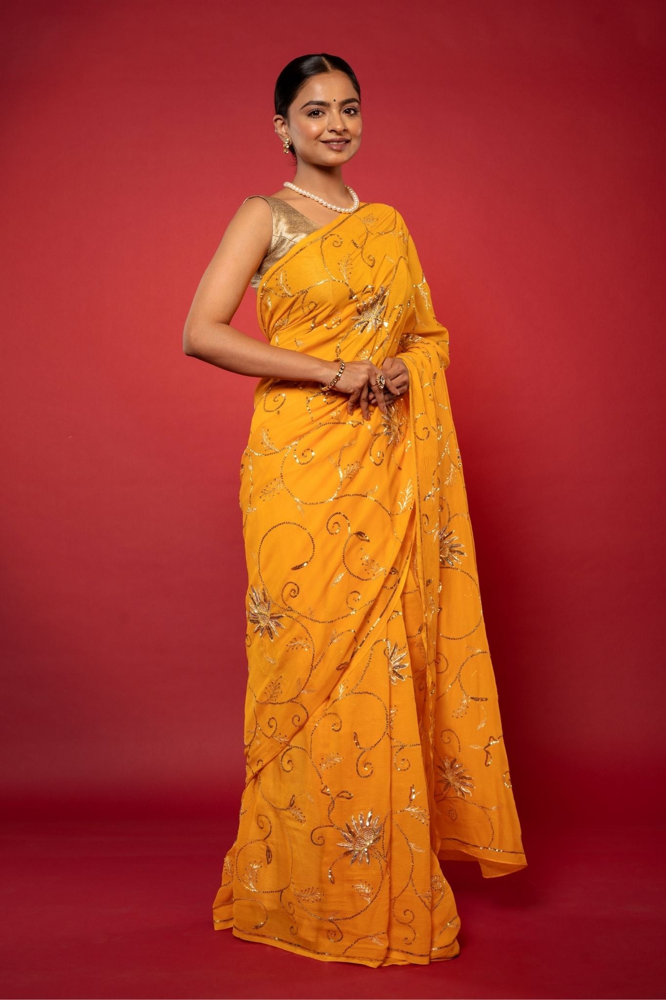yellow pure chiffon aari sequins  jaal handwork saree