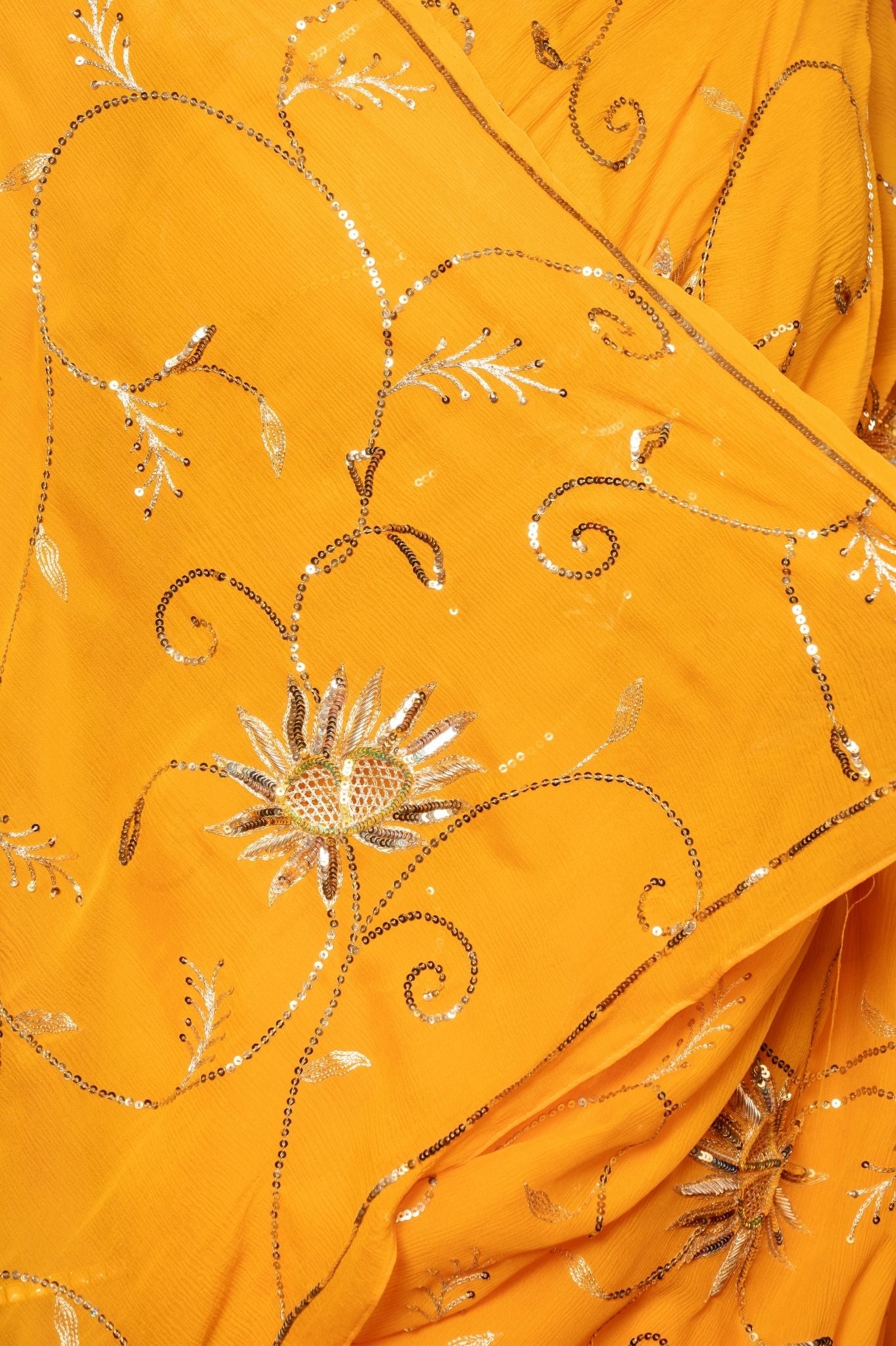 yellow pure chiffon aari sequins  jaal handwork saree