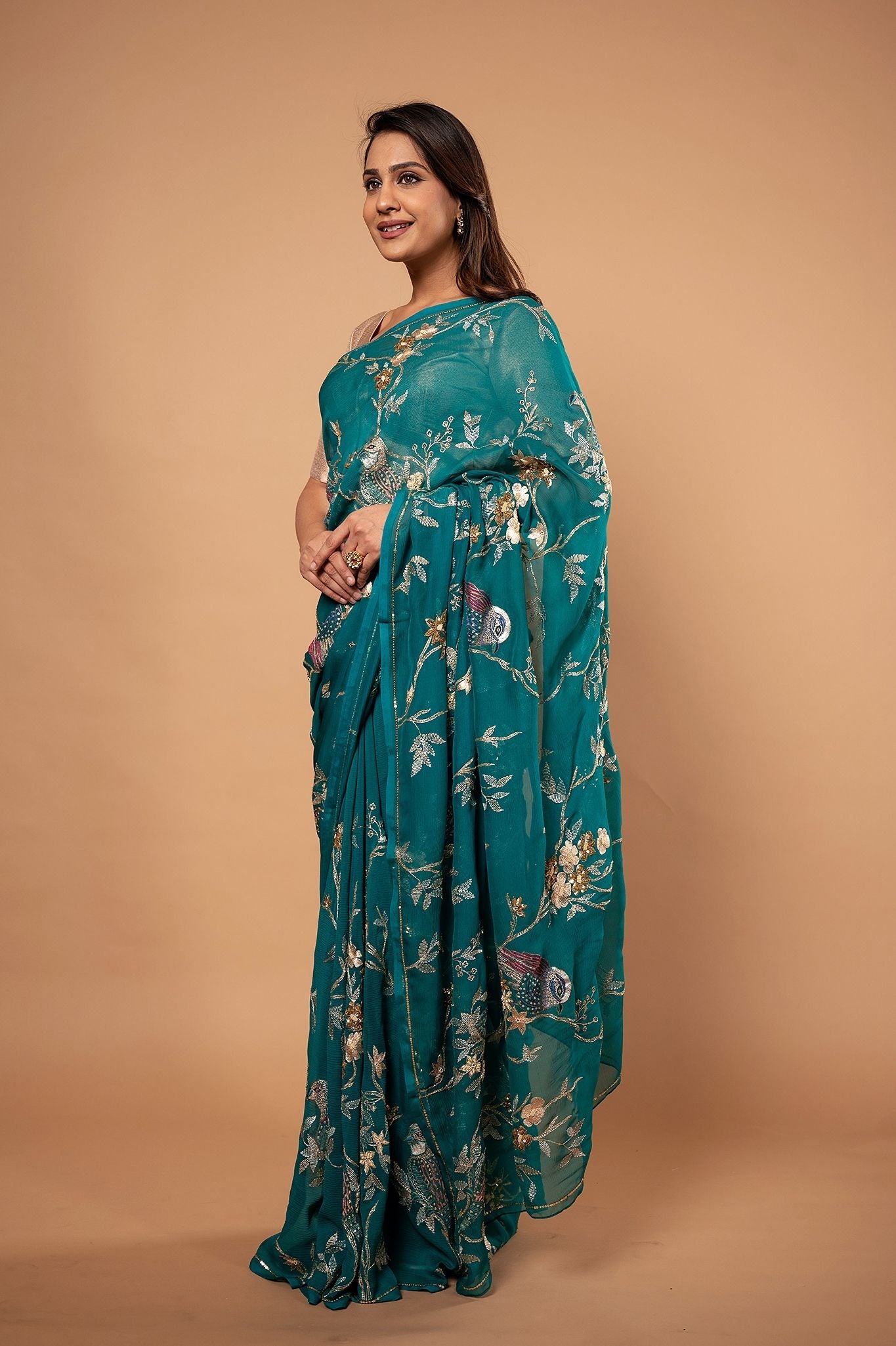 Rama pure chiffon aari sequnece zardozi resham jaal handwork saree