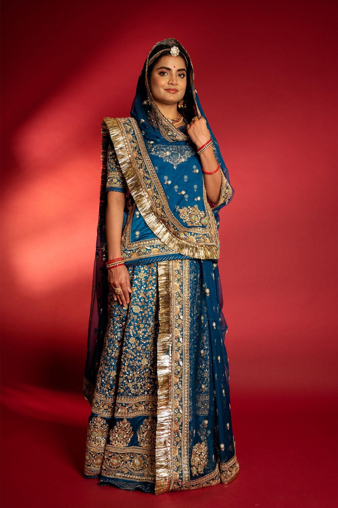 blue Pure Silk Satin aari zardozi handwork Rajputi Poshak  with Pure odhna