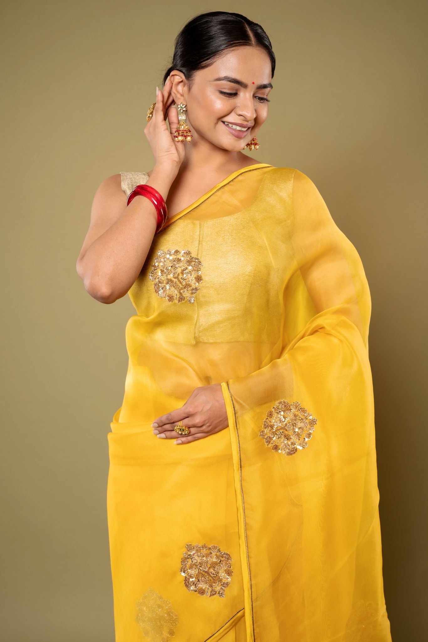 yellow Organza  Zardozi Motif handwork saree