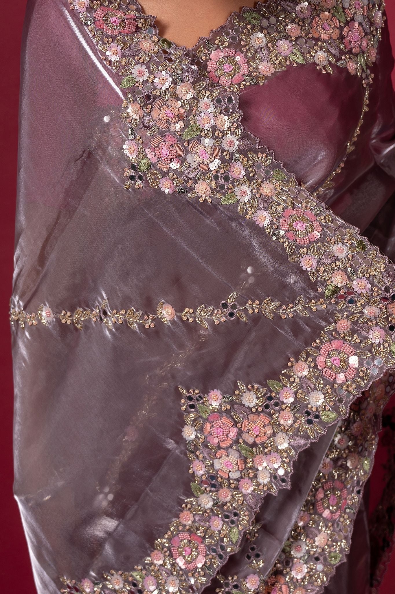 Purple Tissue organza pearl  sequins kardana resham handwork saree