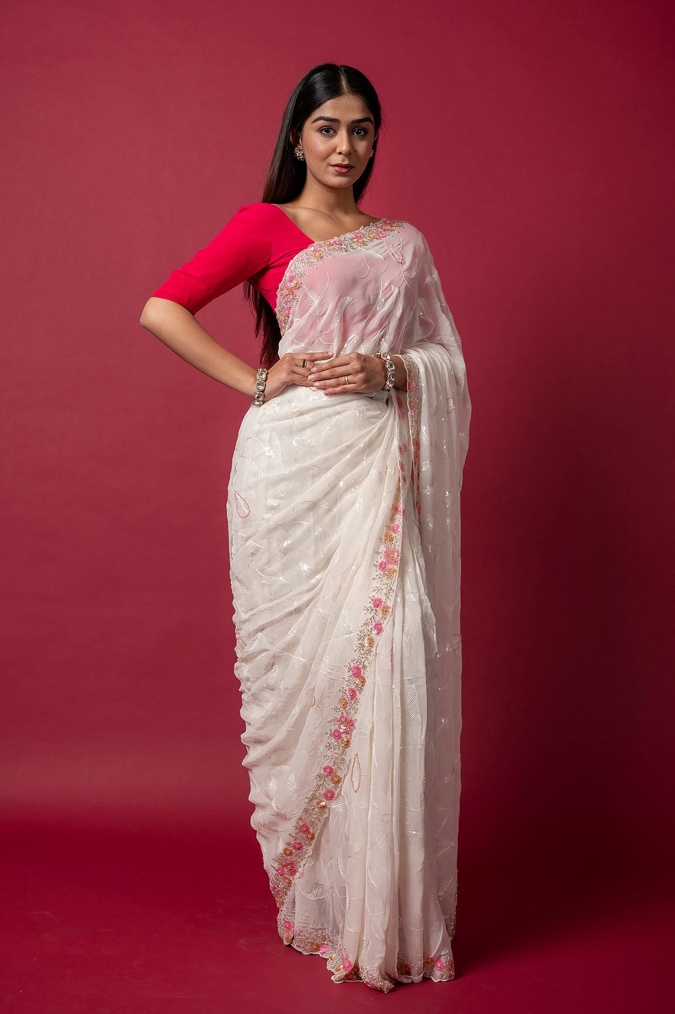 white organza  sequins kardana handwork saree