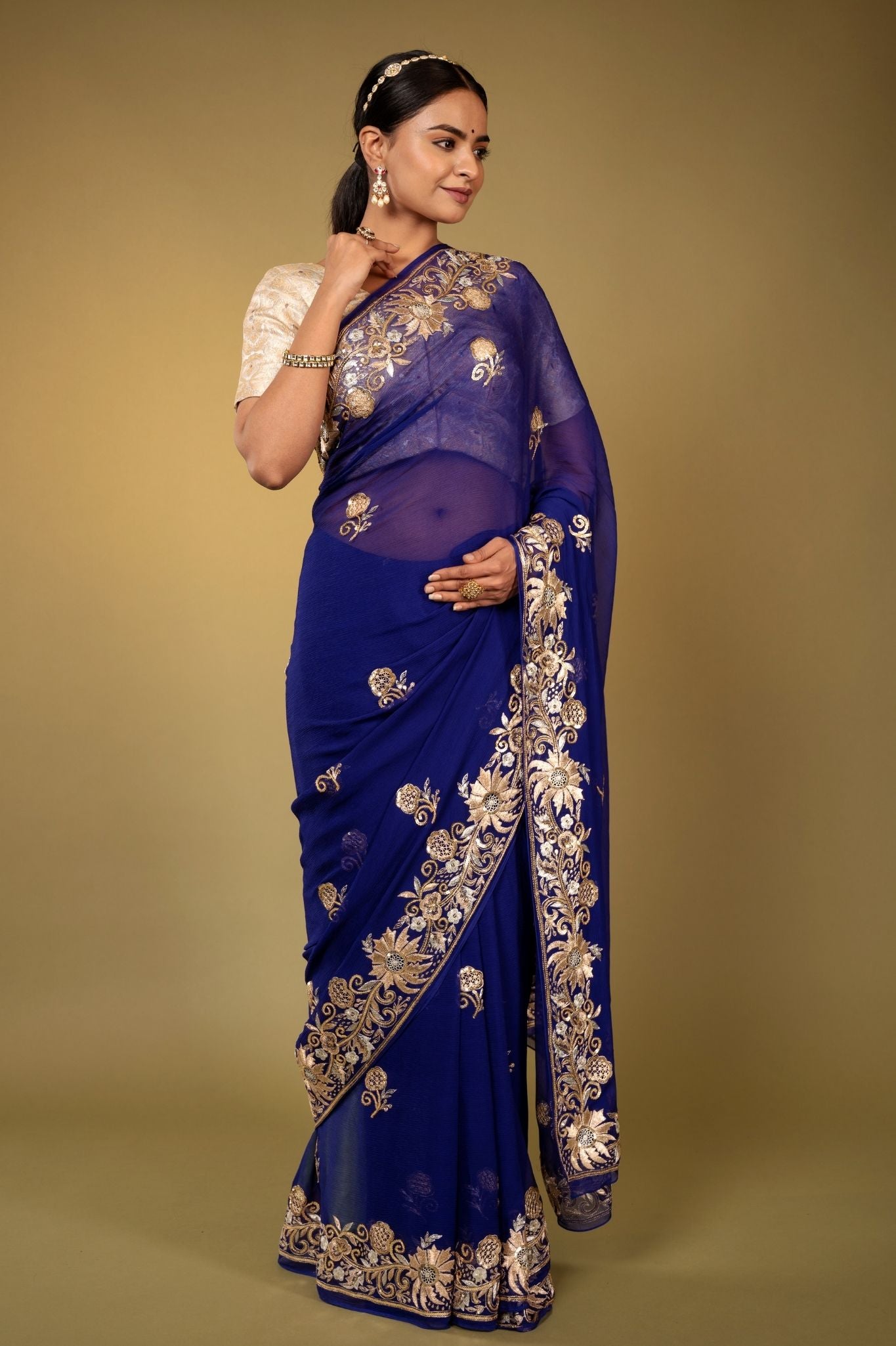 Royal Blue pure chiffon aari sequnece cut work border butti handwork saree