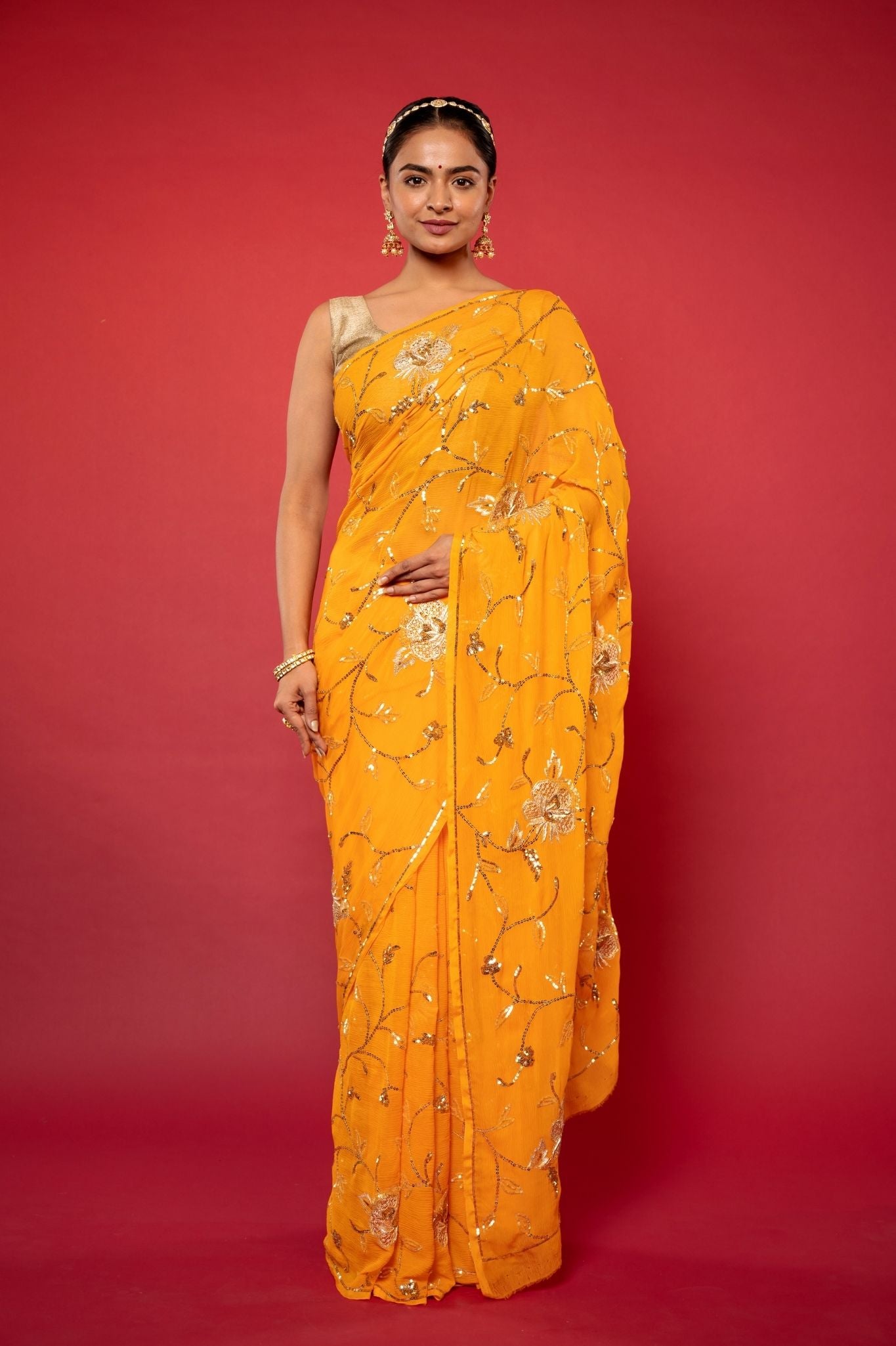 yellow pure chiffon aari sequins  jaal handwork saree