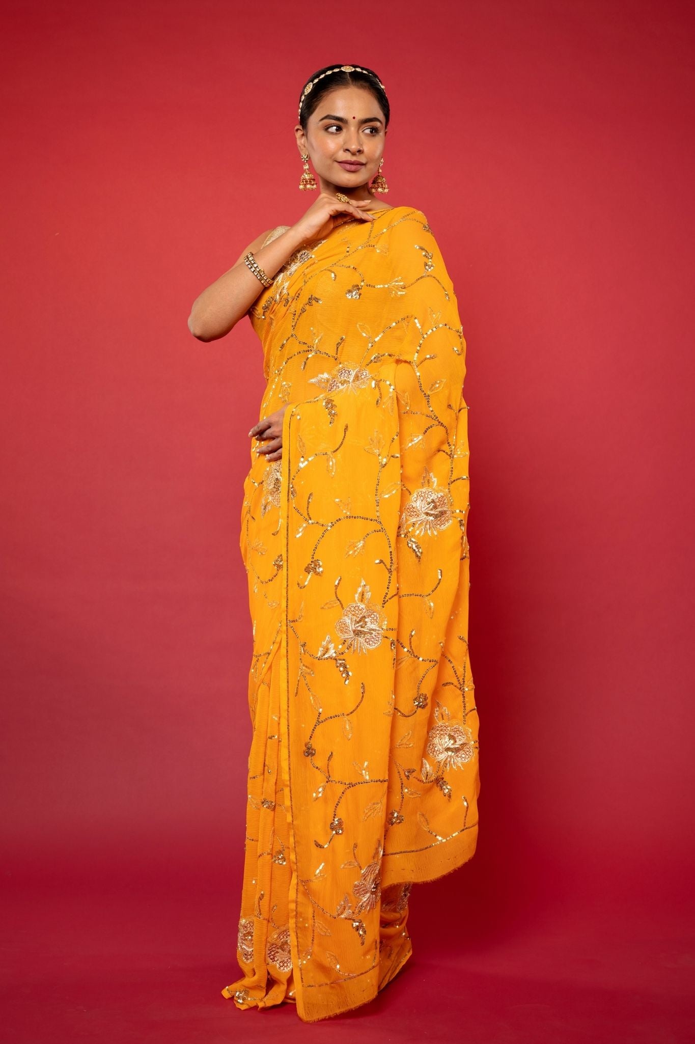 yellow pure chiffon aari sequins  jaal handwork saree