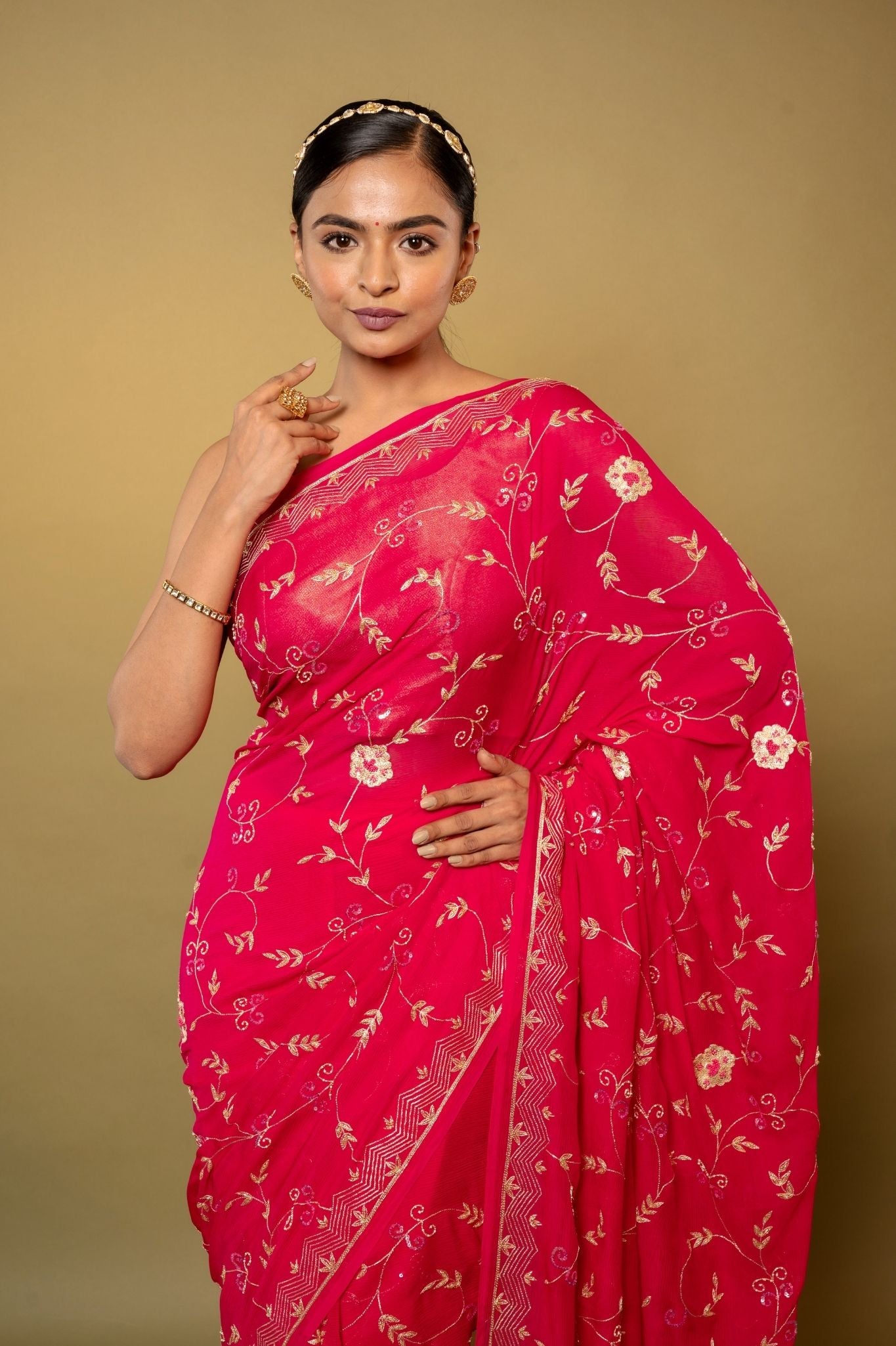 Red pure chiffon aari jaal handwork saree