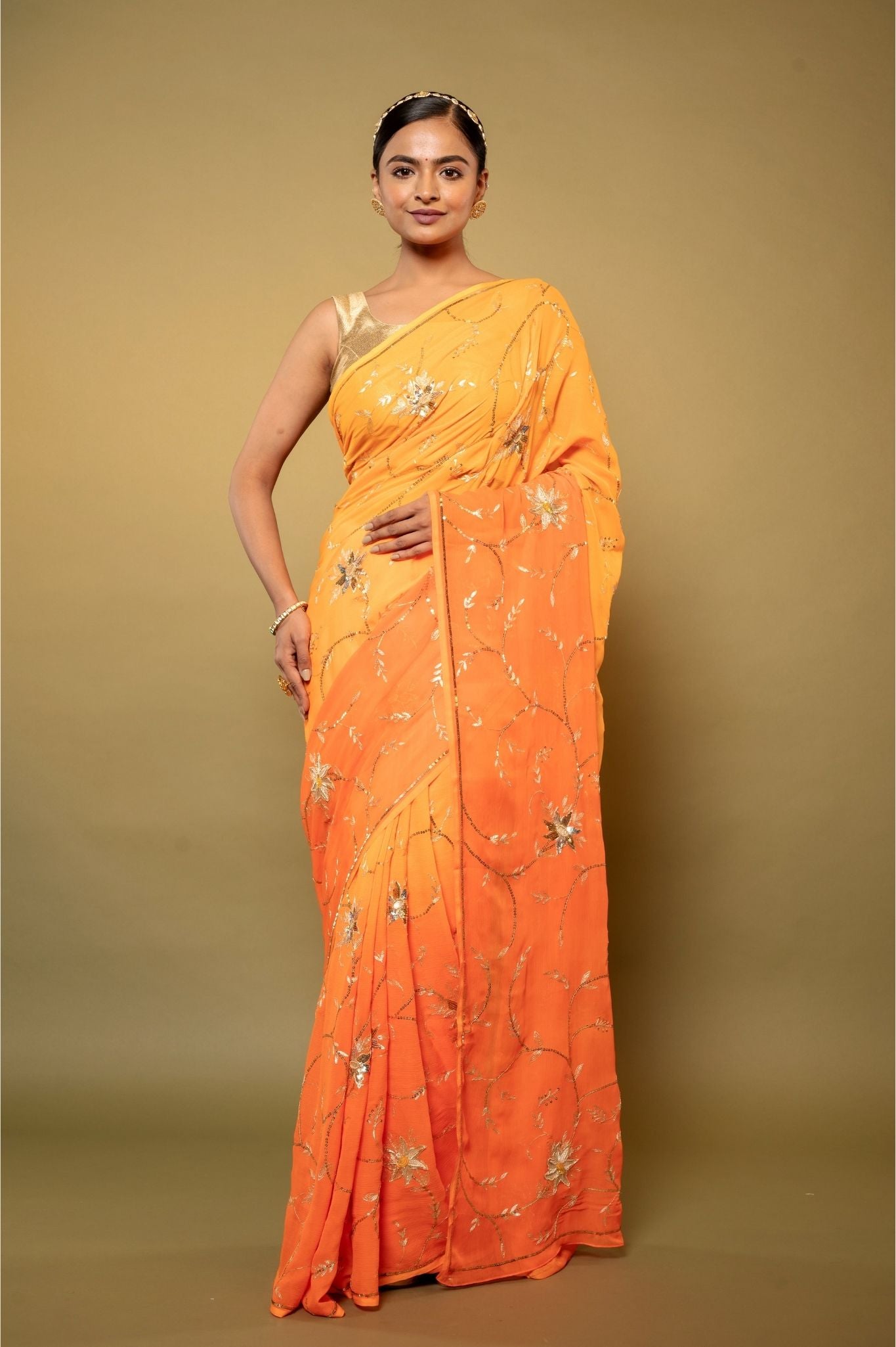 Yellow light dark pure chiffon aari sequins  jaal  handwork saree