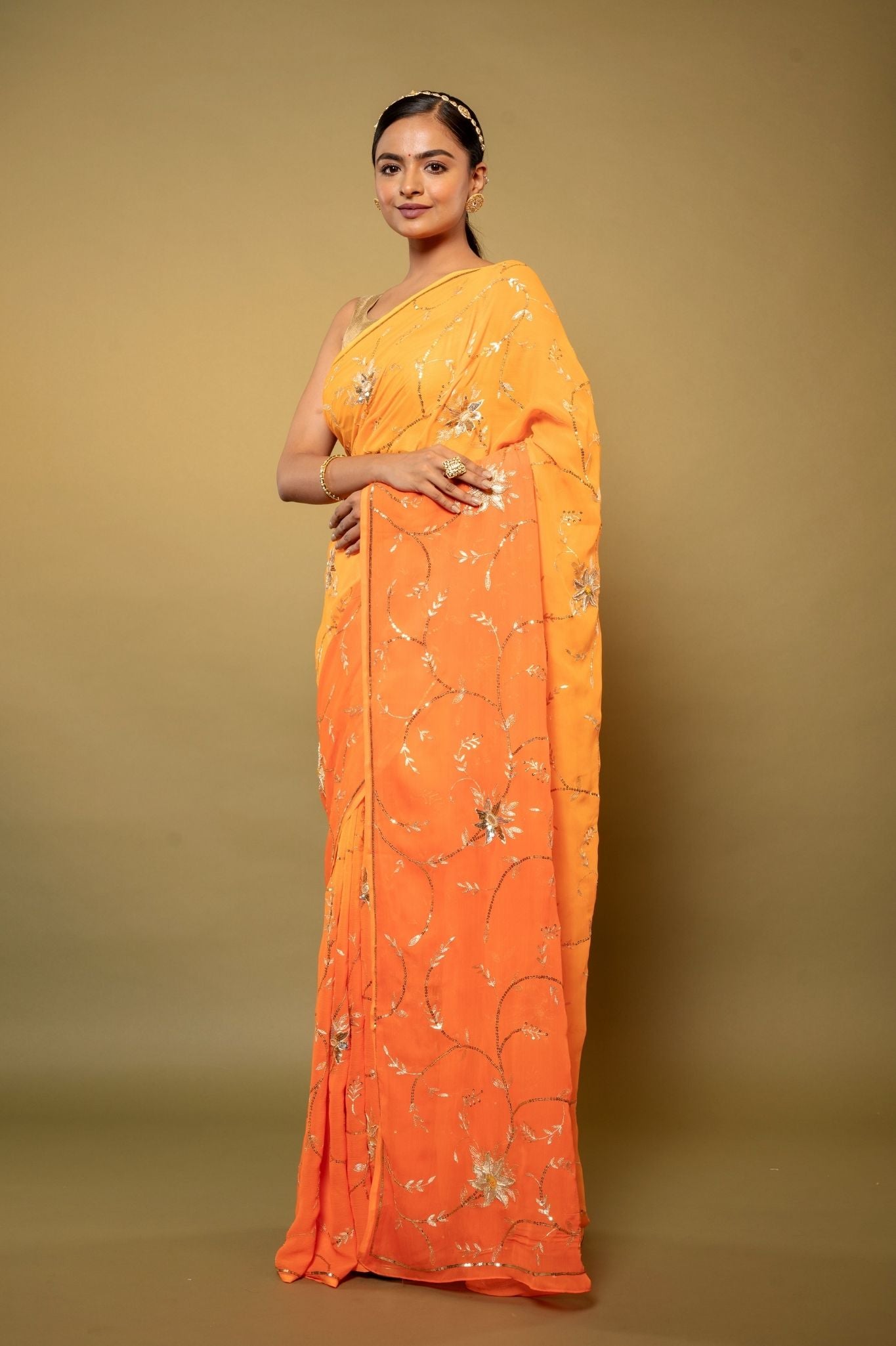 Yellow light dark pure chiffon aari sequins  jaal  handwork saree