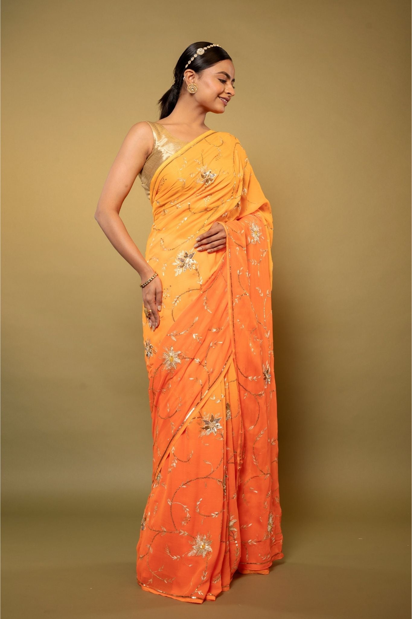 Yellow light dark pure chiffon aari sequins  jaal  handwork saree