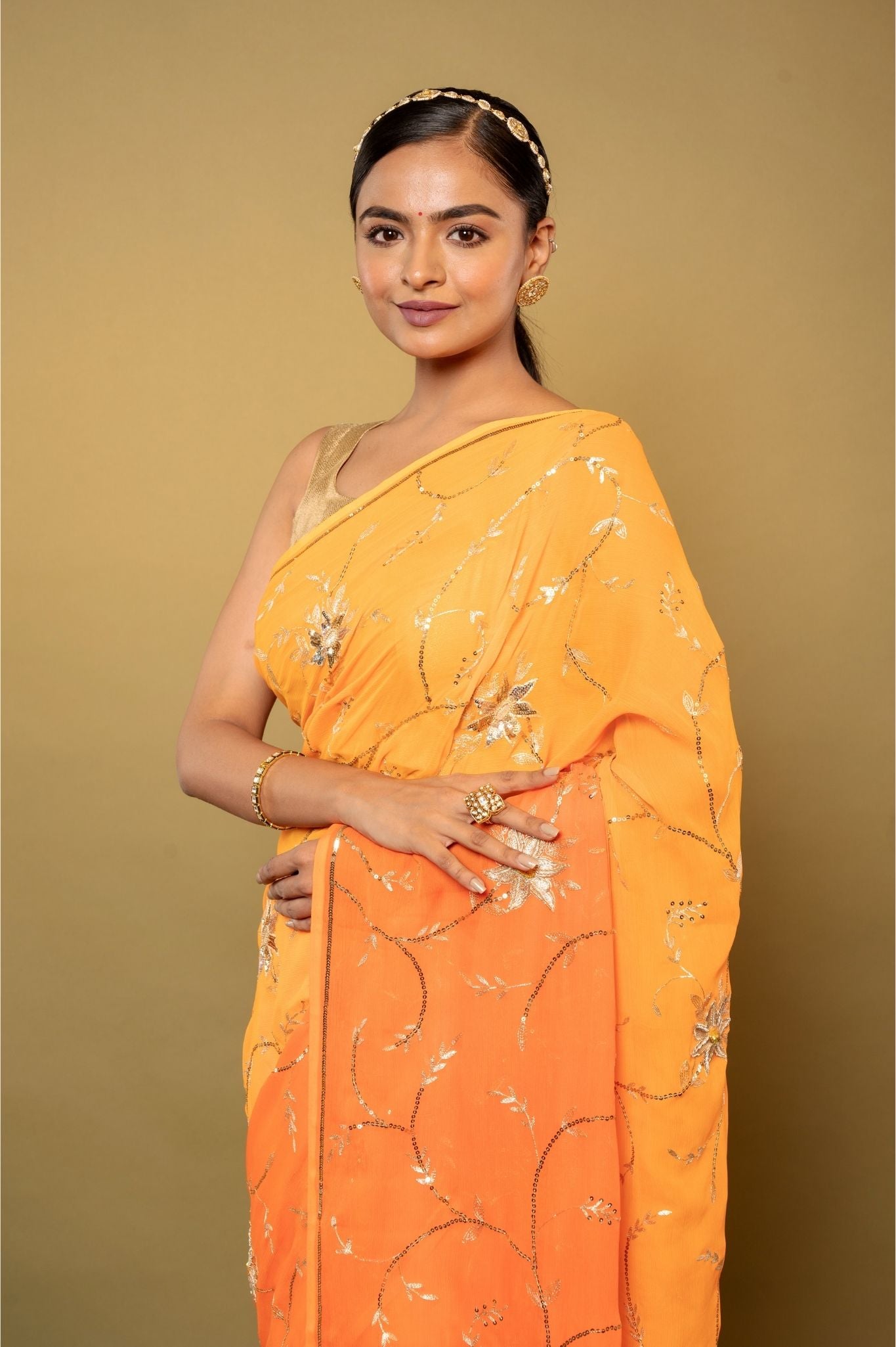 Yellow light dark pure chiffon aari sequins  jaal  handwork saree