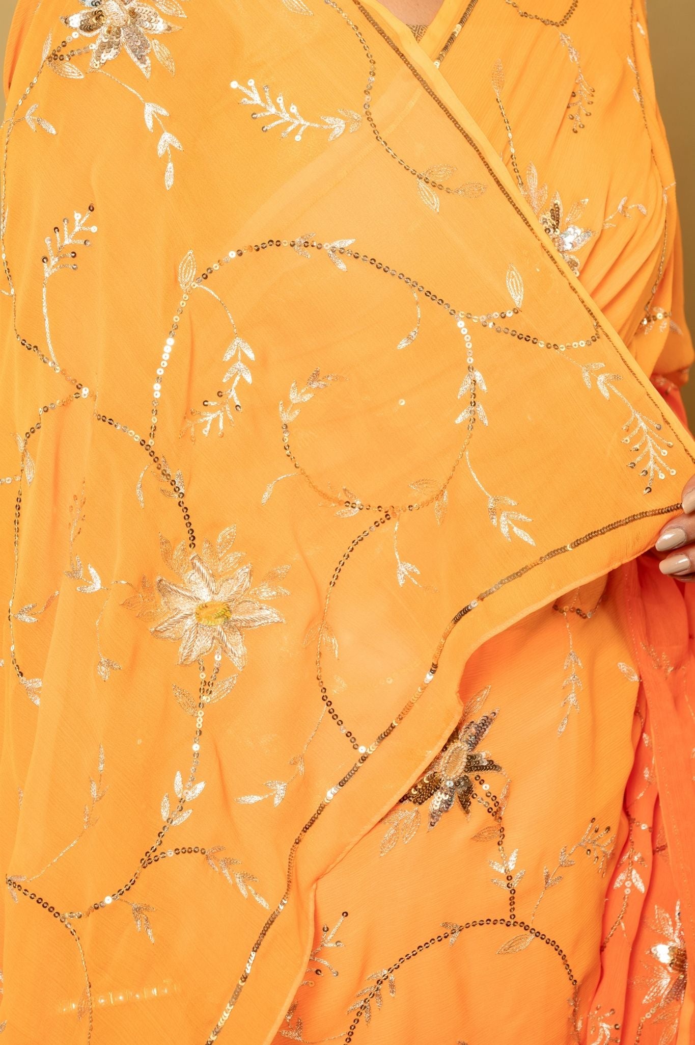 Yellow light dark pure chiffon aari sequins  jaal  handwork saree