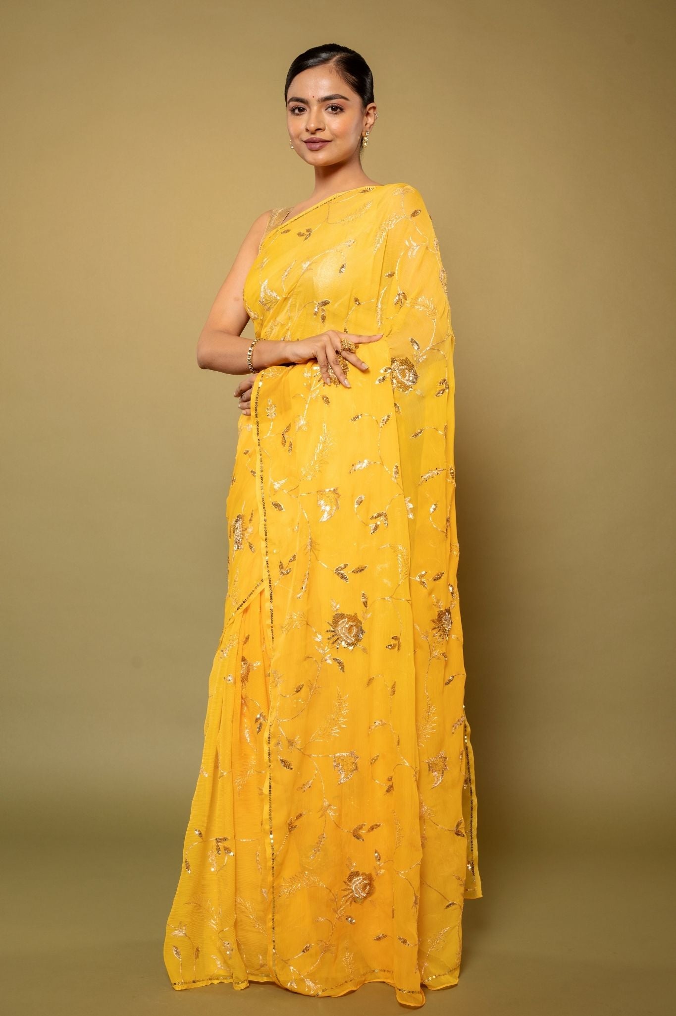 yellow  pure chiffon aari sequins  jaal handwork saree