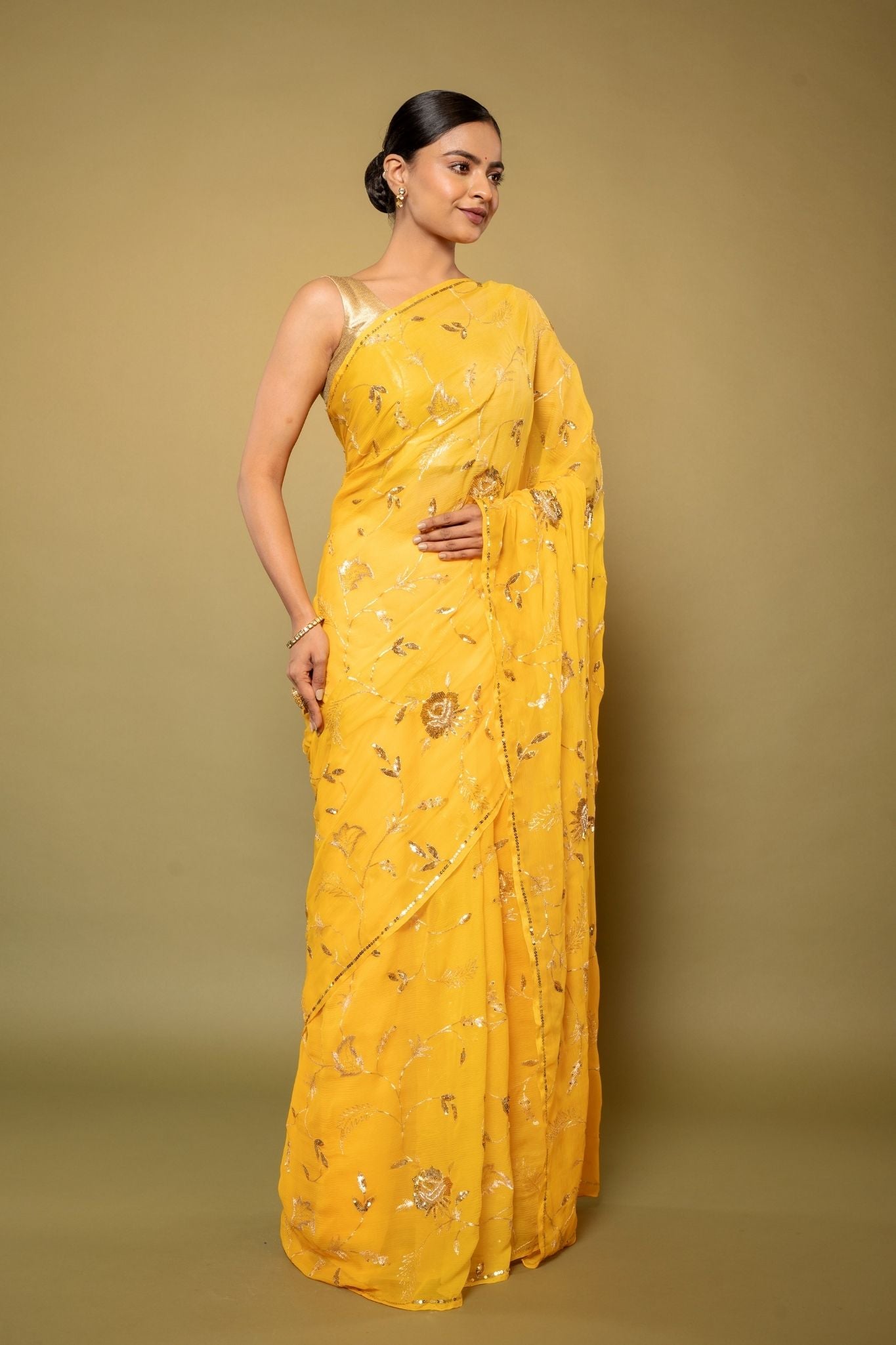 yellow  pure chiffon aari sequins  jaal handwork saree