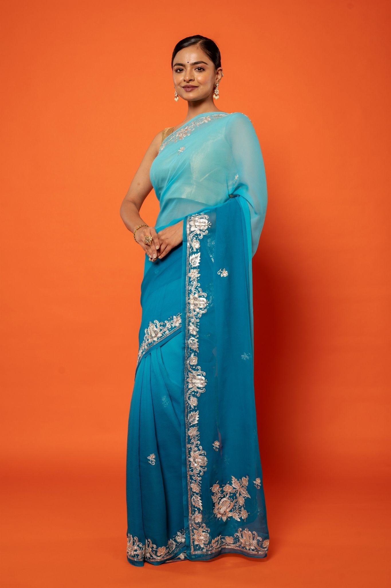 Rama Blue Light dark pure chiffon aari sequins  jaal handwork saree