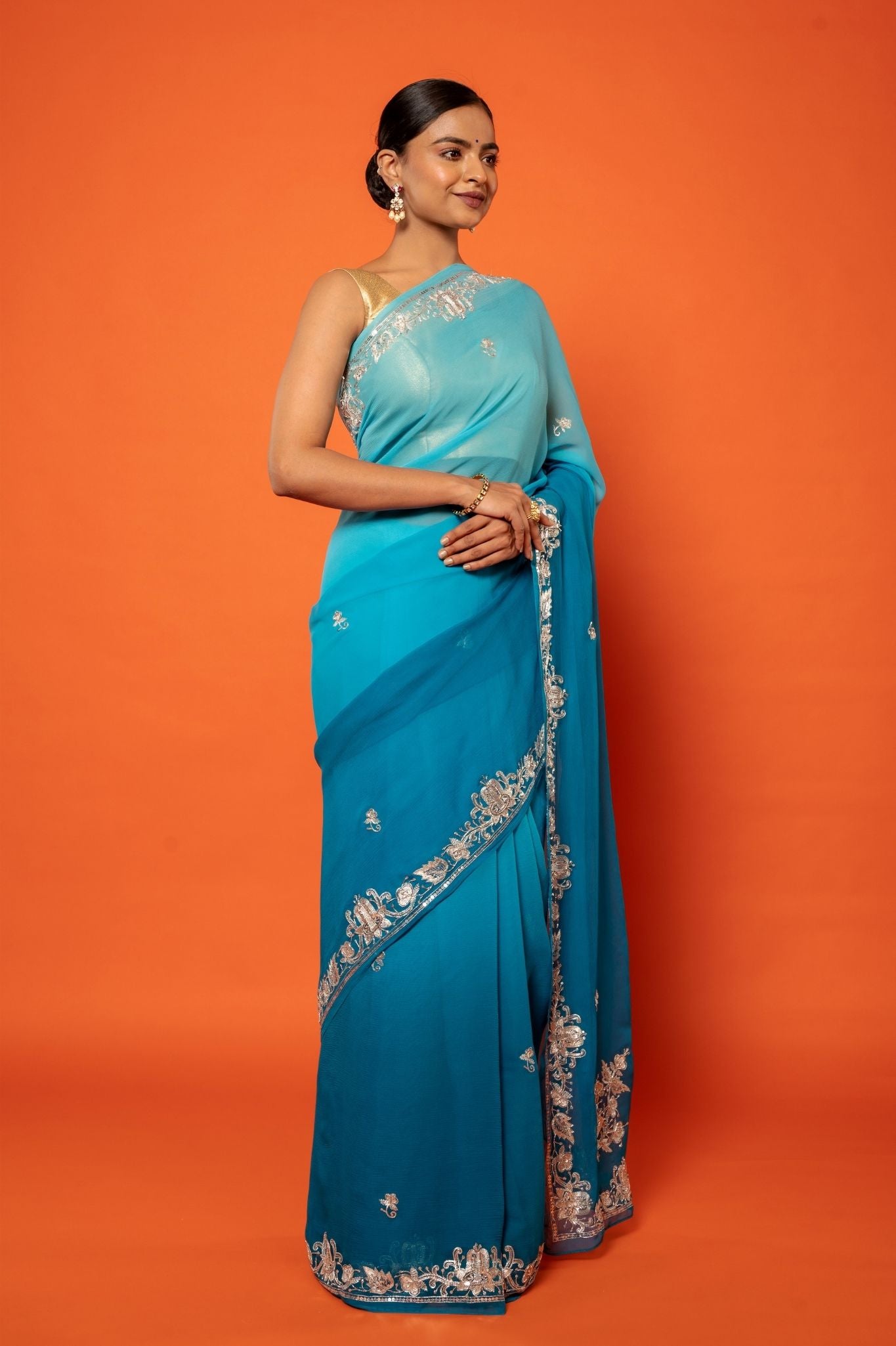Rama Blue Light dark pure chiffon aari sequins  jaal handwork saree