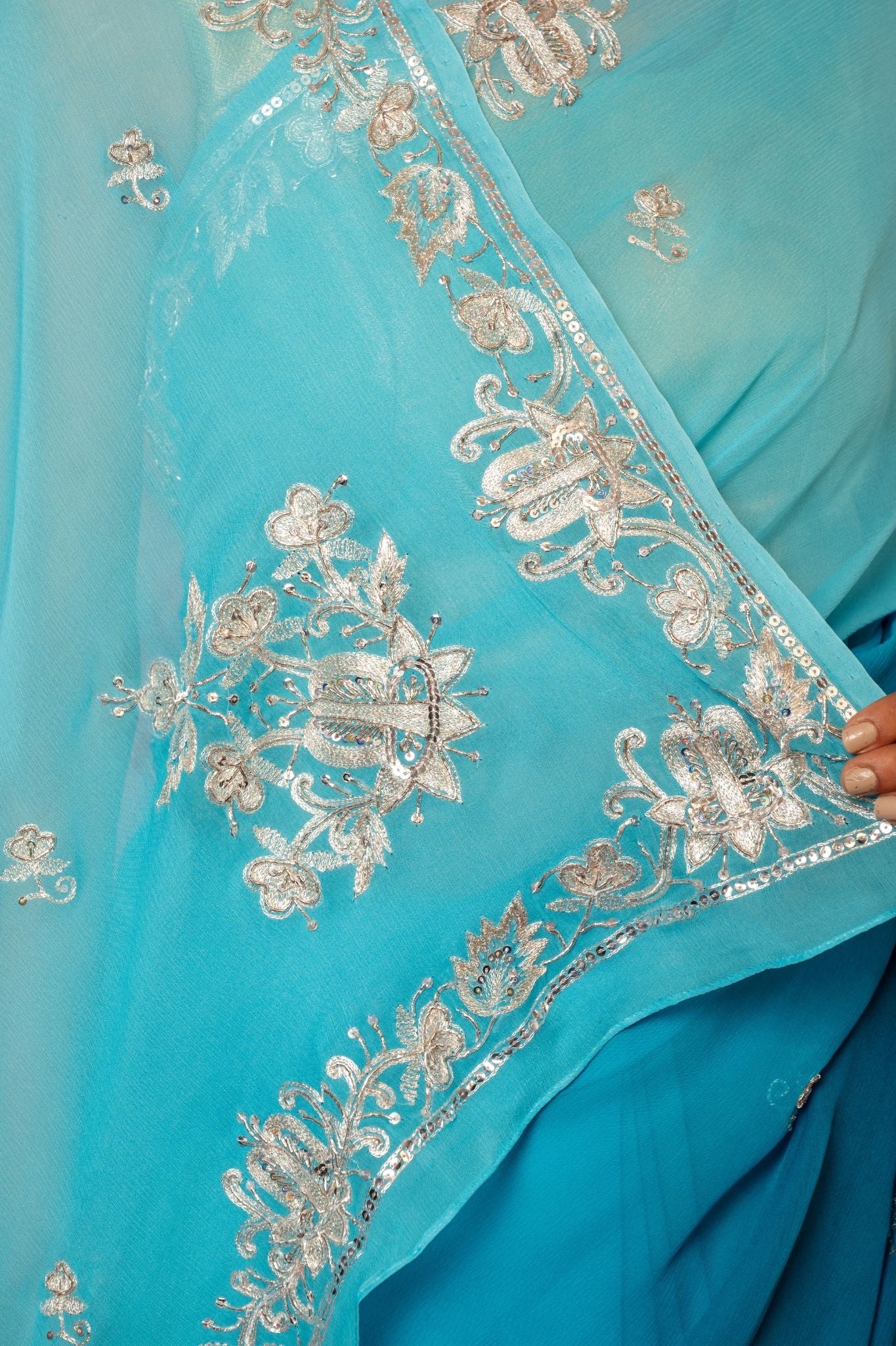 Rama Blue Light dark pure chiffon aari sequins  jaal handwork saree