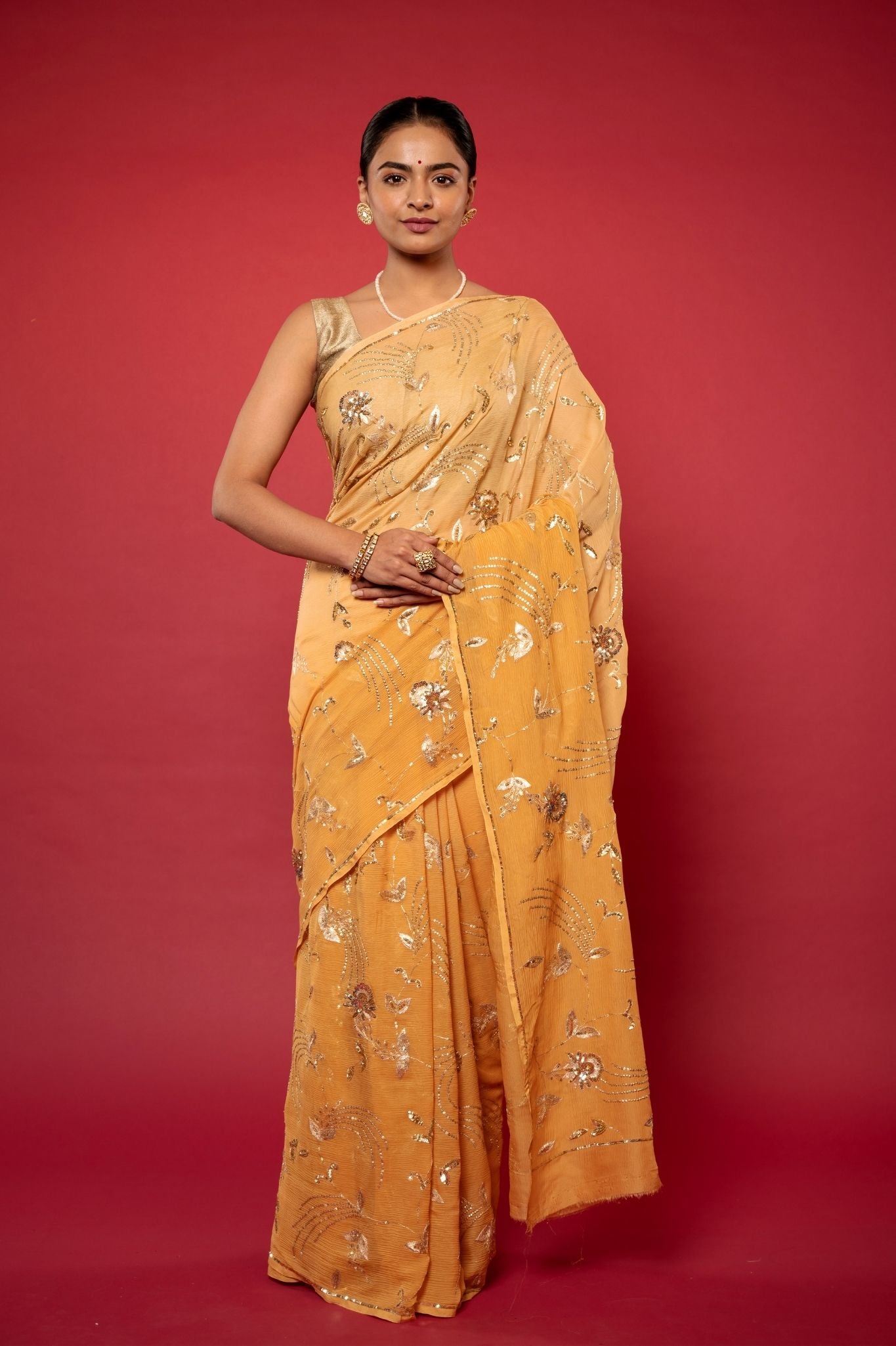 Peach pure chiffon aari sequins  jaal handwork saree