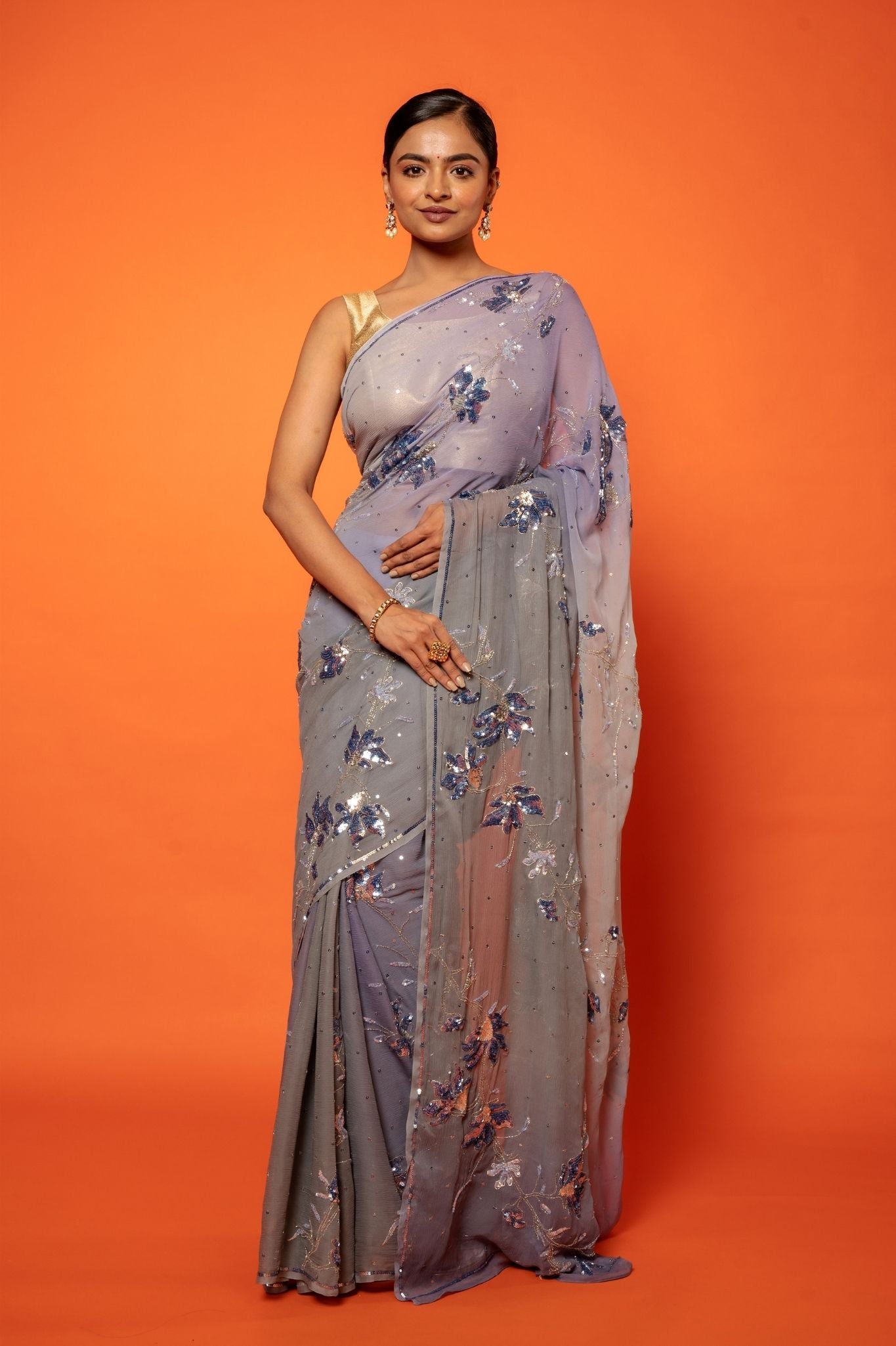 Grey light dark pure chiffon aari sequins  jaal handwork saree
