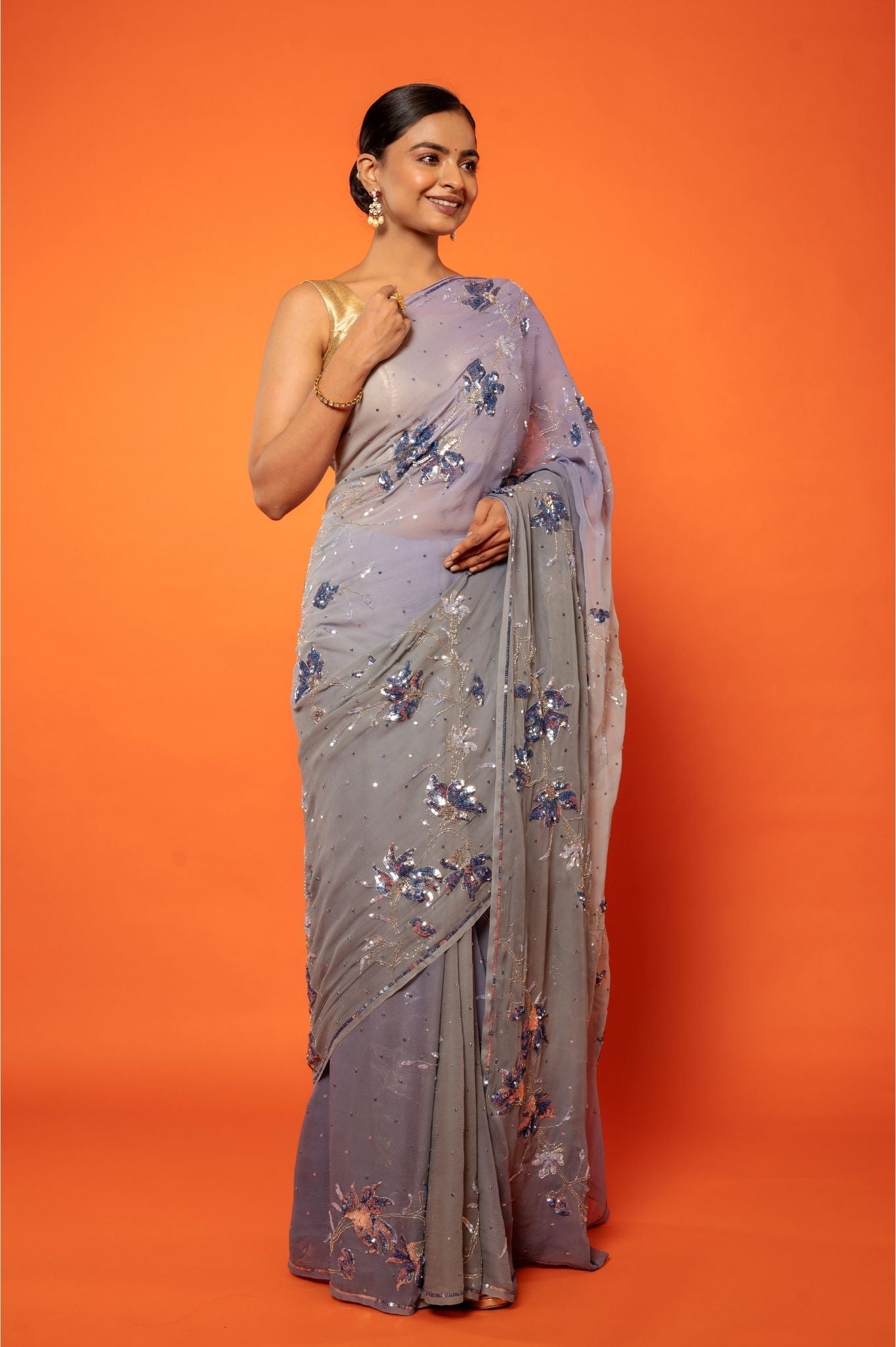 Grey light dark pure chiffon aari sequins  jaal handwork saree