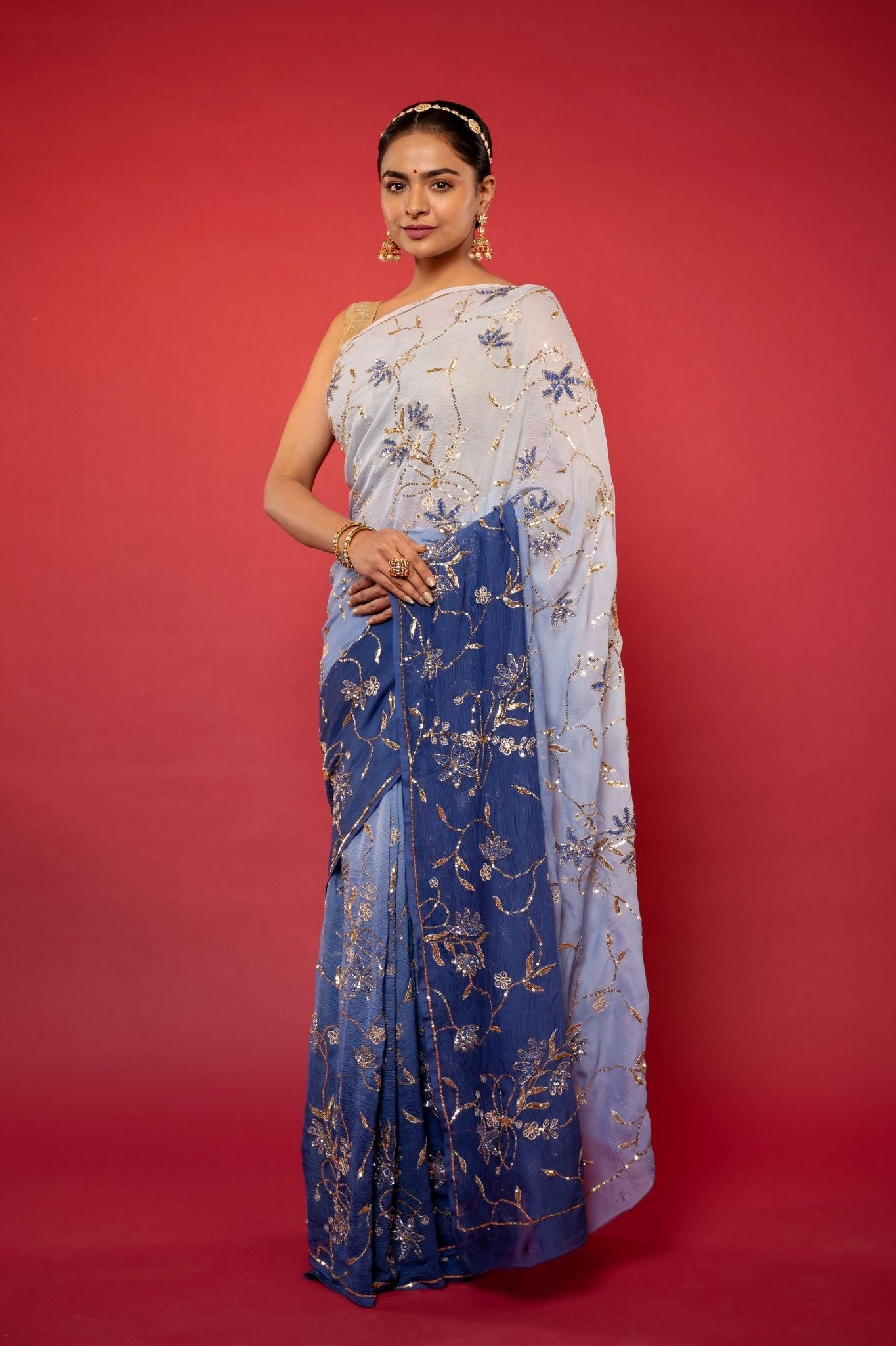 Blue light dark pure chiffon aari sequins  jaal handwork saree