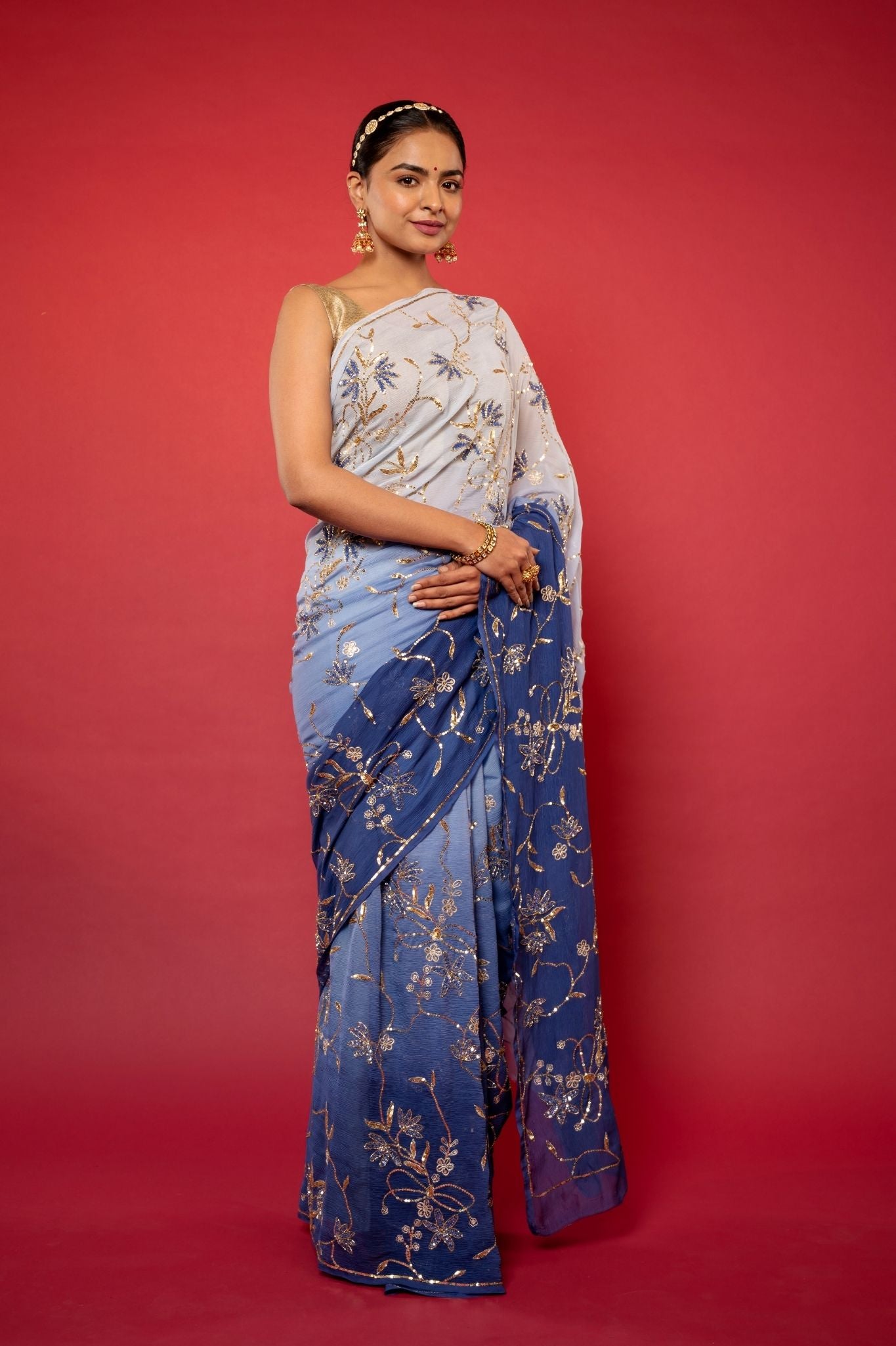 Blue light dark pure chiffon aari sequins  jaal handwork saree