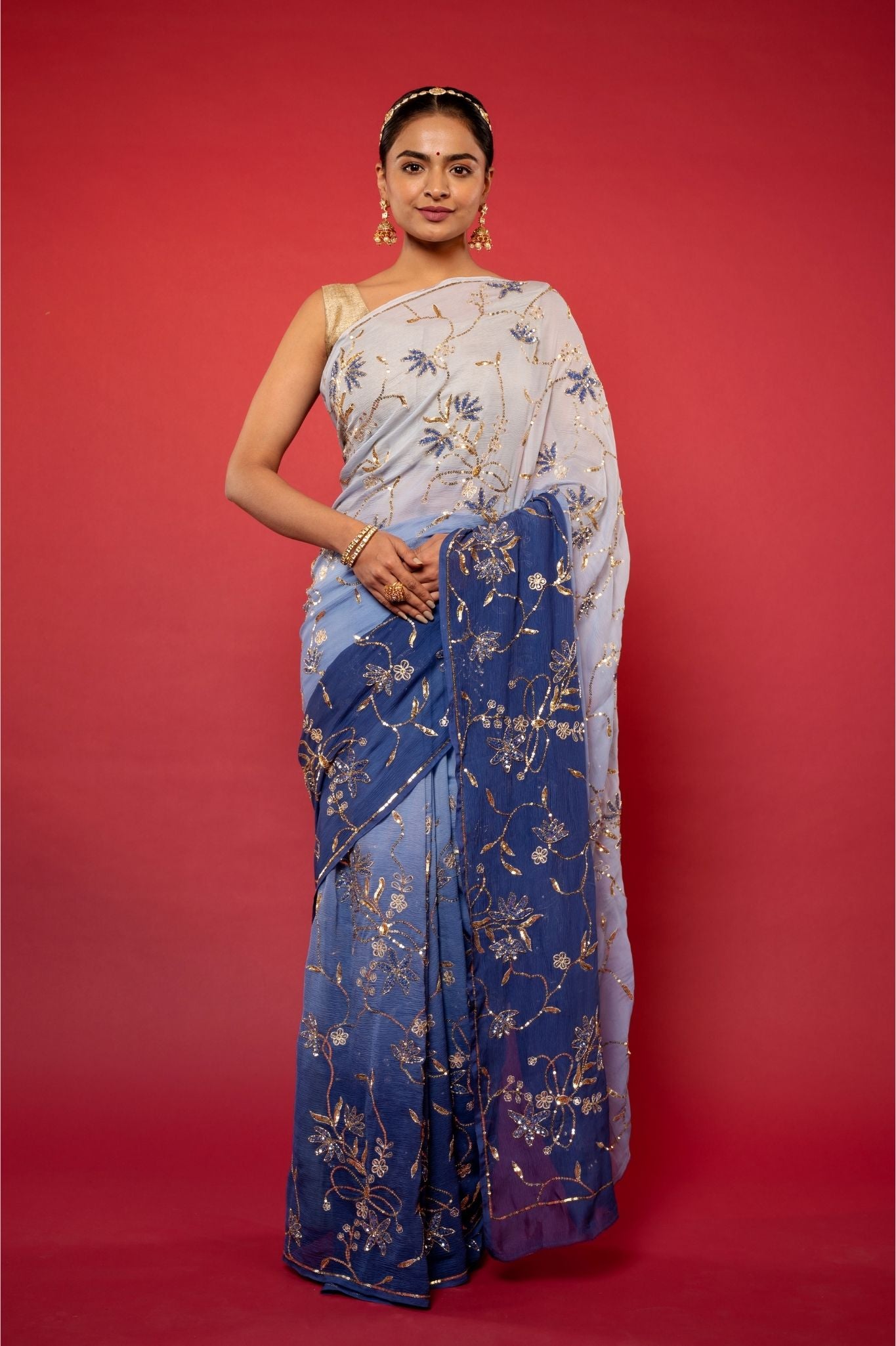 Blue light dark pure chiffon aari sequins  jaal handwork saree